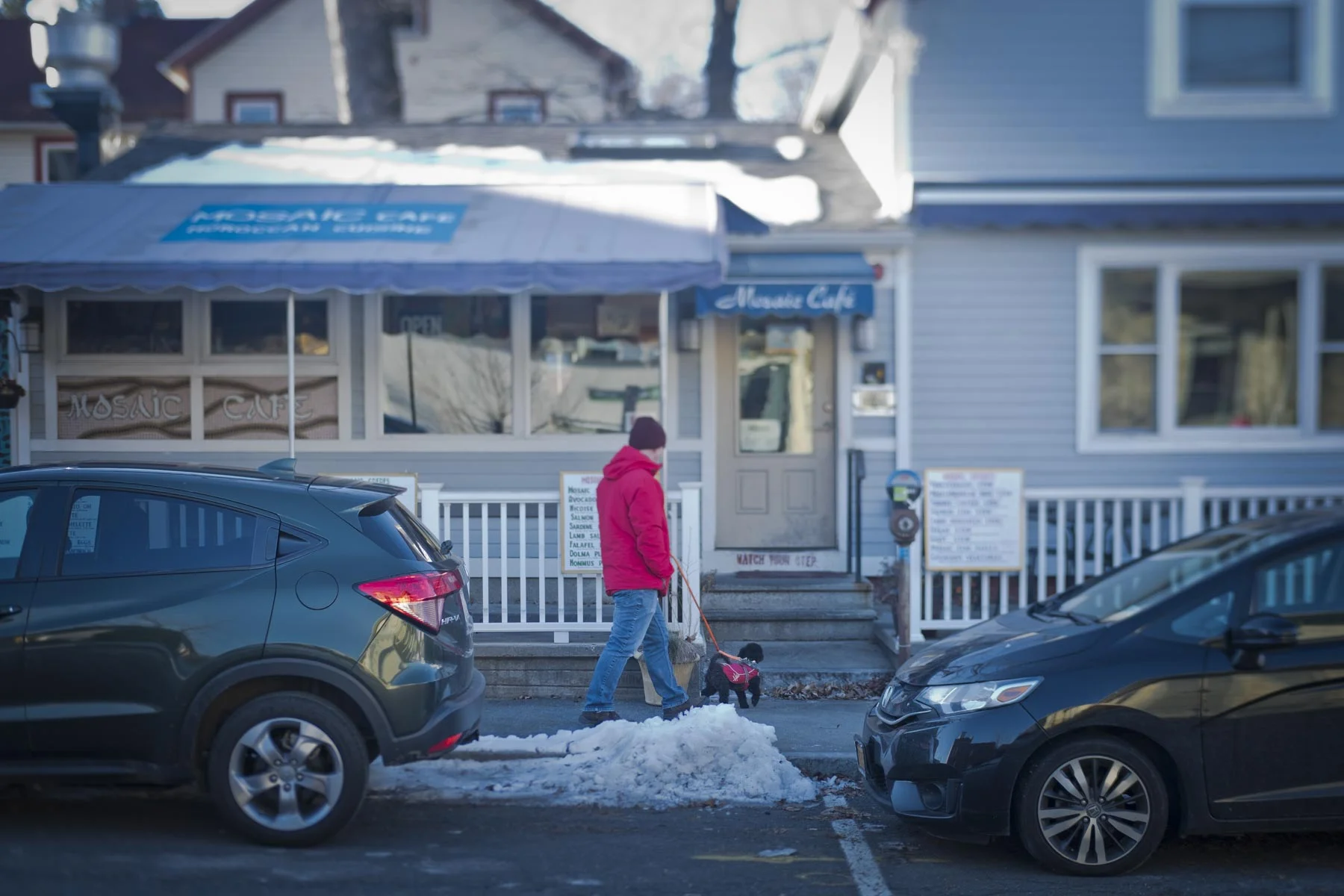 Man in red walks dog even more
