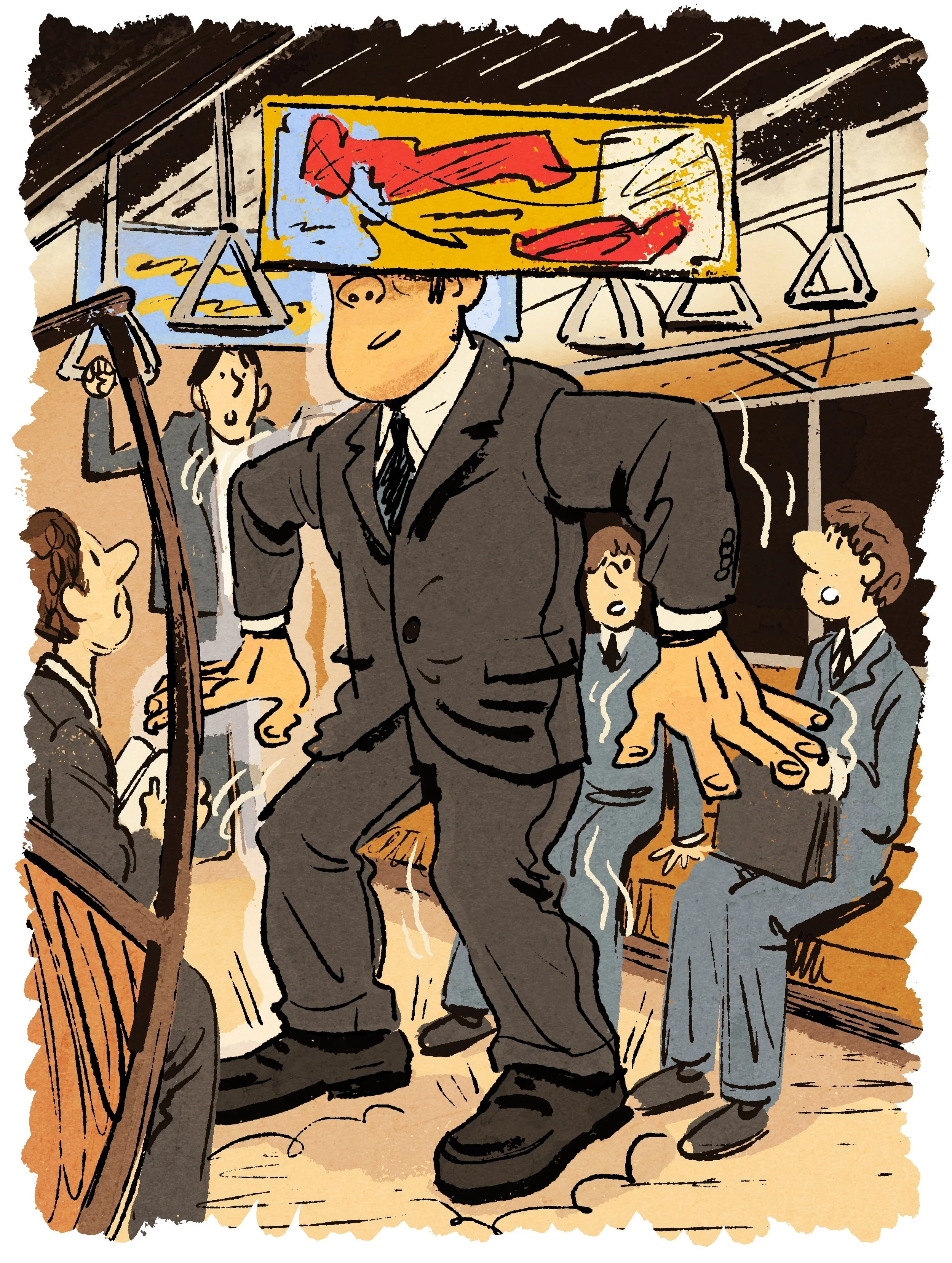 A cartoon scene of a busy train or subway car with a man in a business suit standing confidently with a hand on his hip, surrounded by seated passengers. Some passengers are looking surprised or confused, and there are posters and handrails visible o