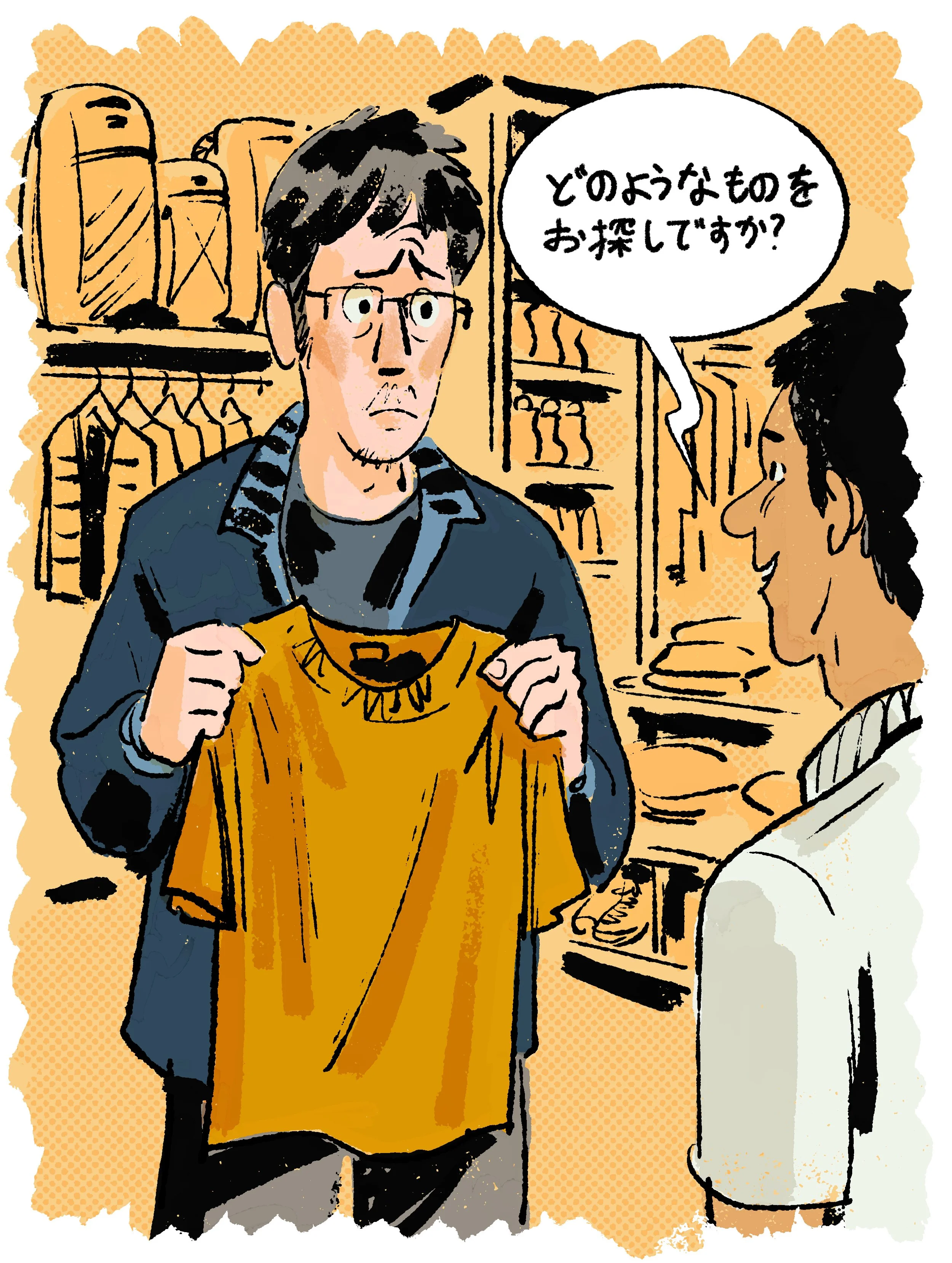 A man with glasses is holding an orange t-shirt while talking to a woman in a clothing store. The woman is smiling and asking what kind of item he is looking for in Japanese.