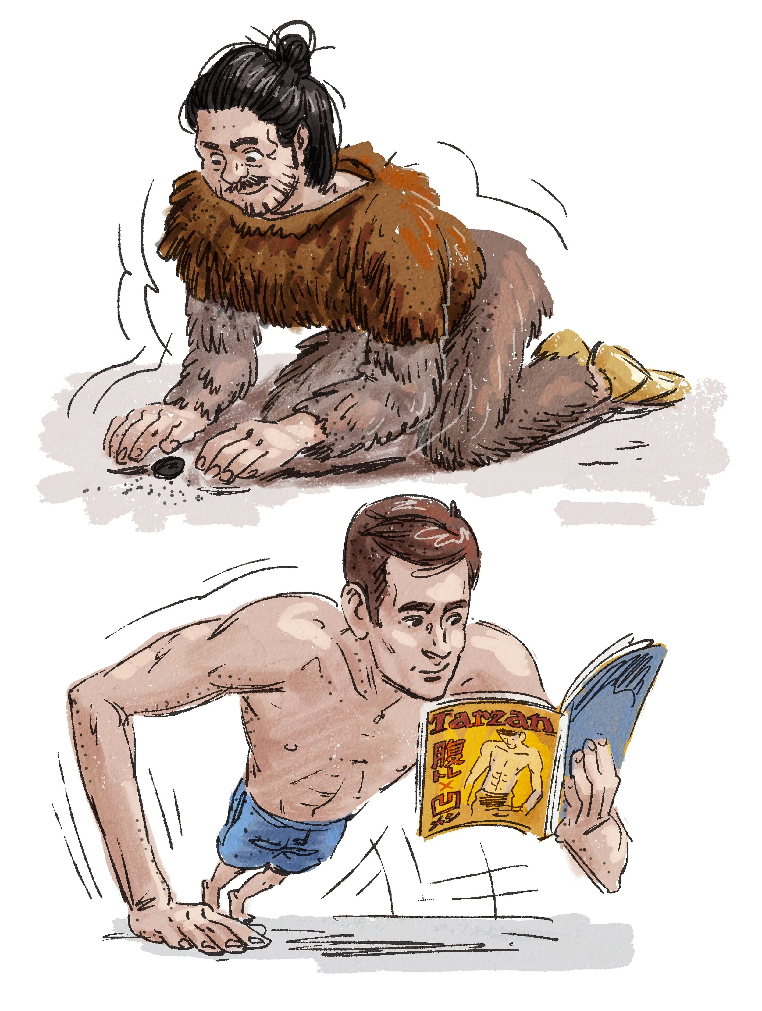 A cartoon drawing of a caveman with long hair and a beard, wearing a fur outfit, crawling on the ground. Below, a man in swim shorts is doing push-ups while reading a magazine titled 'Tanzan'.