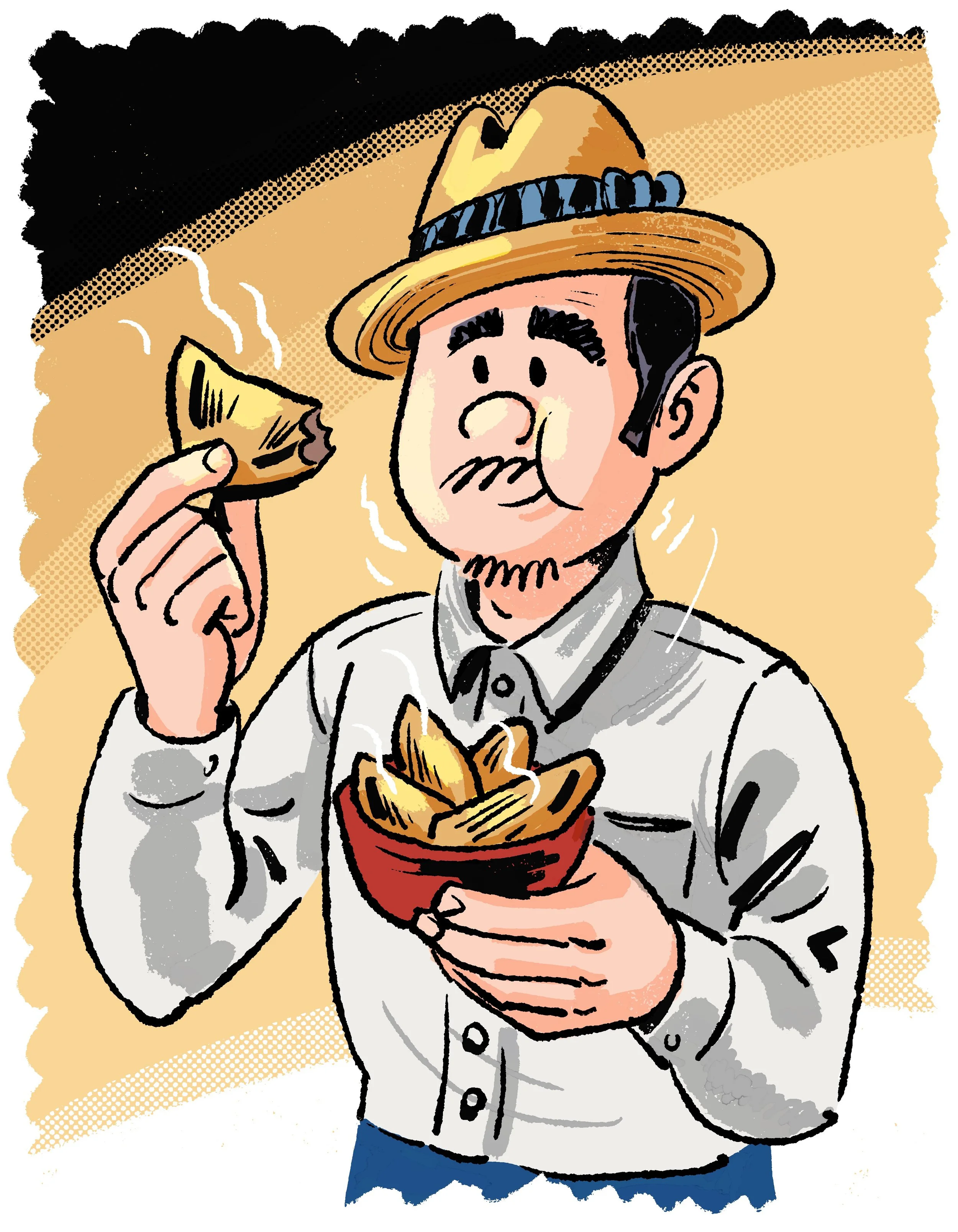 A cartoon man wearing a hat with a band, holding a bowl of potato chips in one hand and a chip in the other, with steam rising in the background.
