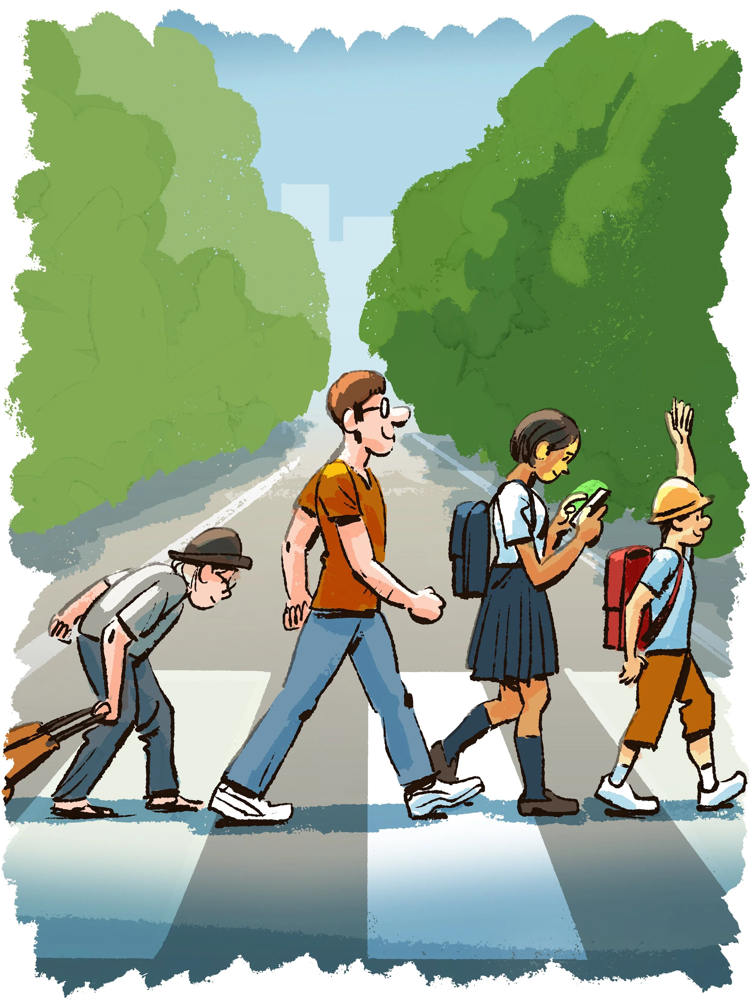 Cartoon illustration of a diverse group of four students crossing the street on a crosswalk surrounded by lush green trees on a sunny day.