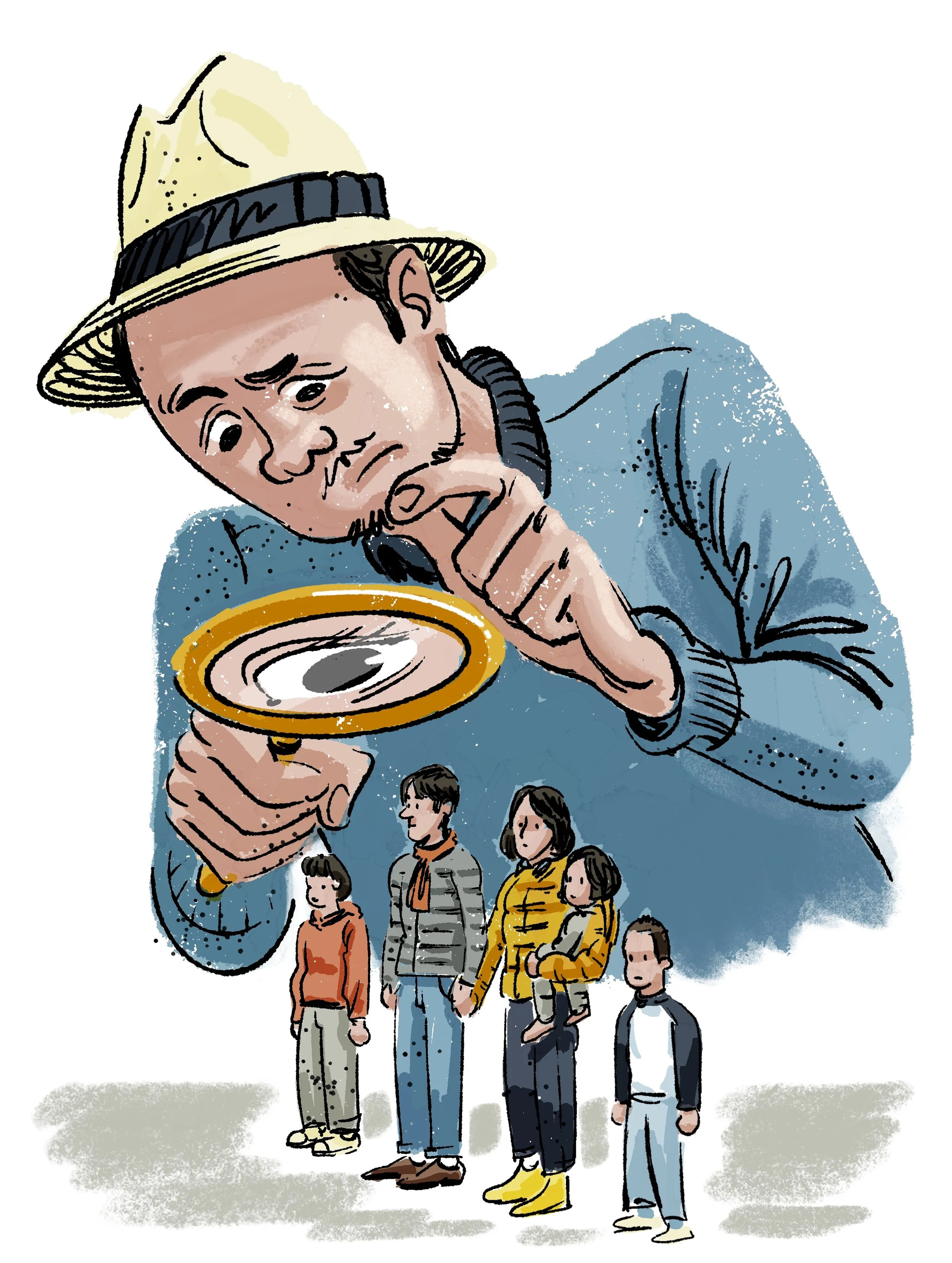 A cartoon illustration of a man in a yellow hat examining a small group of children with a magnifying glass.
