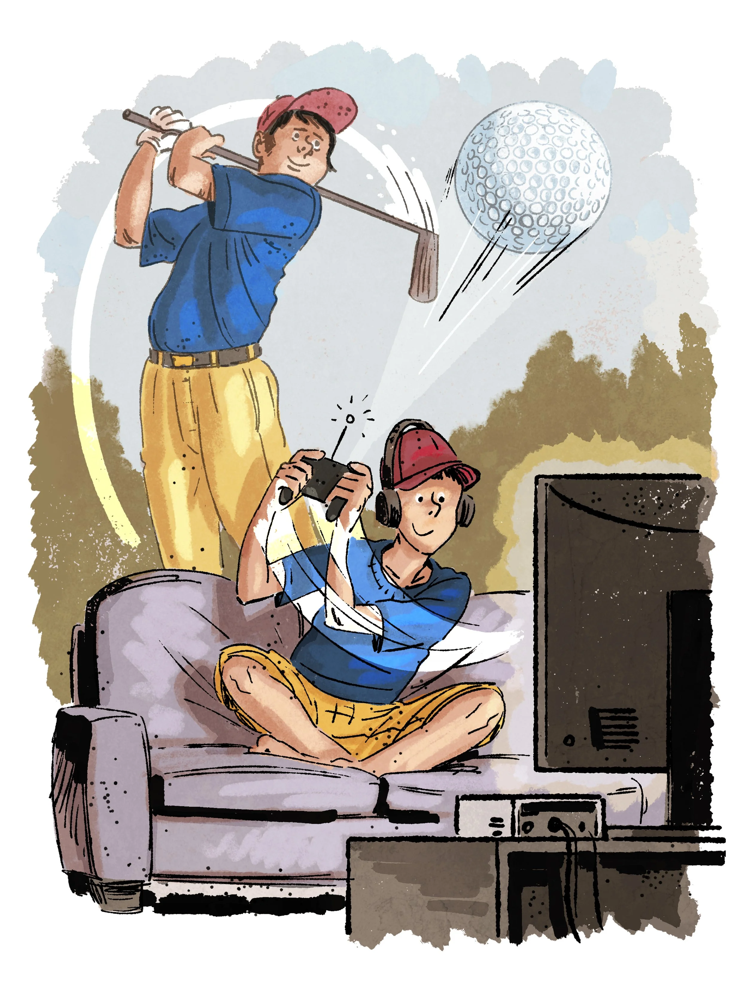 Two boys watching TV while playing golf; the boy sitting on the couch is using a remote control and wearing headphones, the boy standing is about to hit a golf ball that is mid-flight toward the TV.