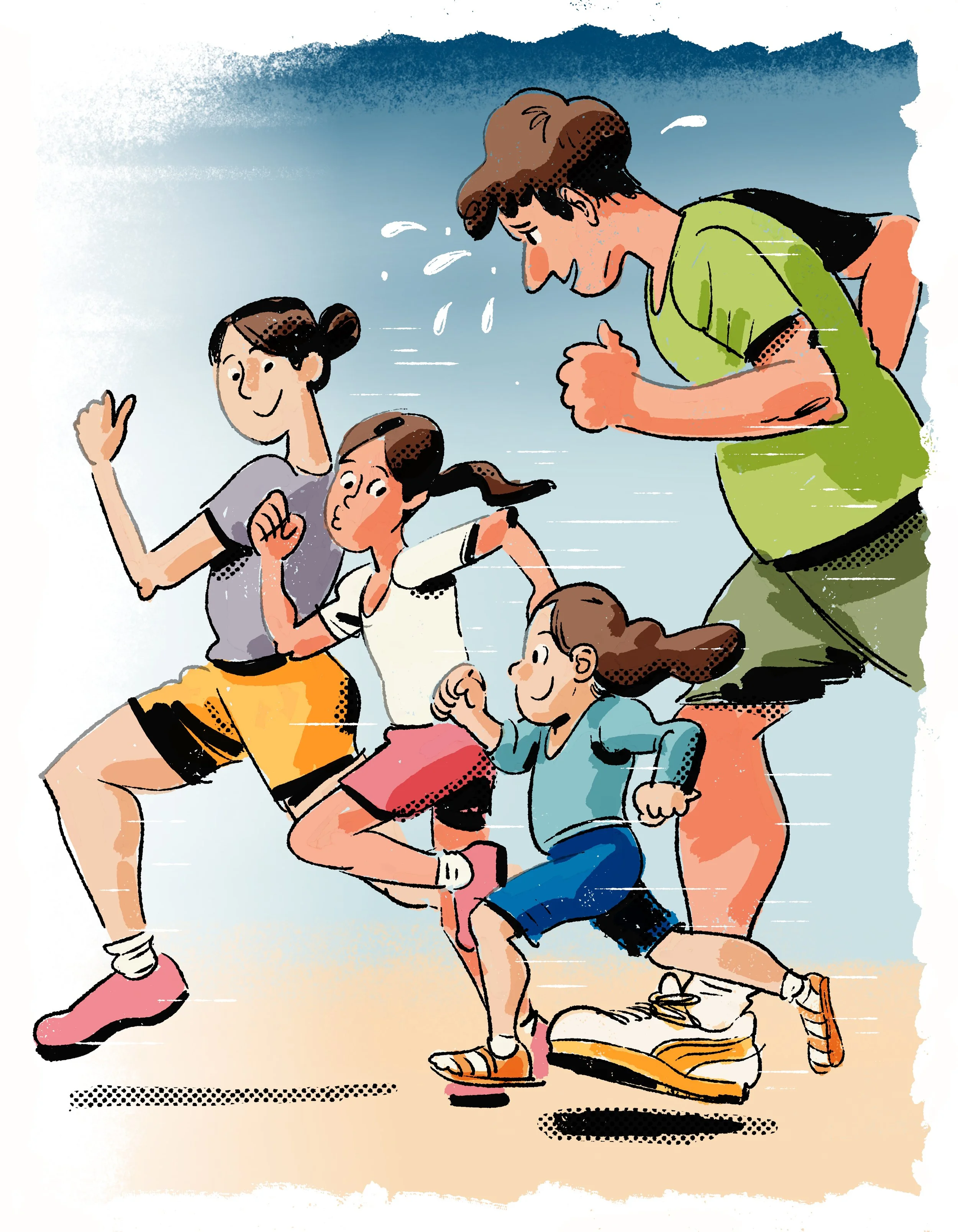A cartoon illustration of a mother and three children running outdoors on a sunny day, dressed in casual sportswear.