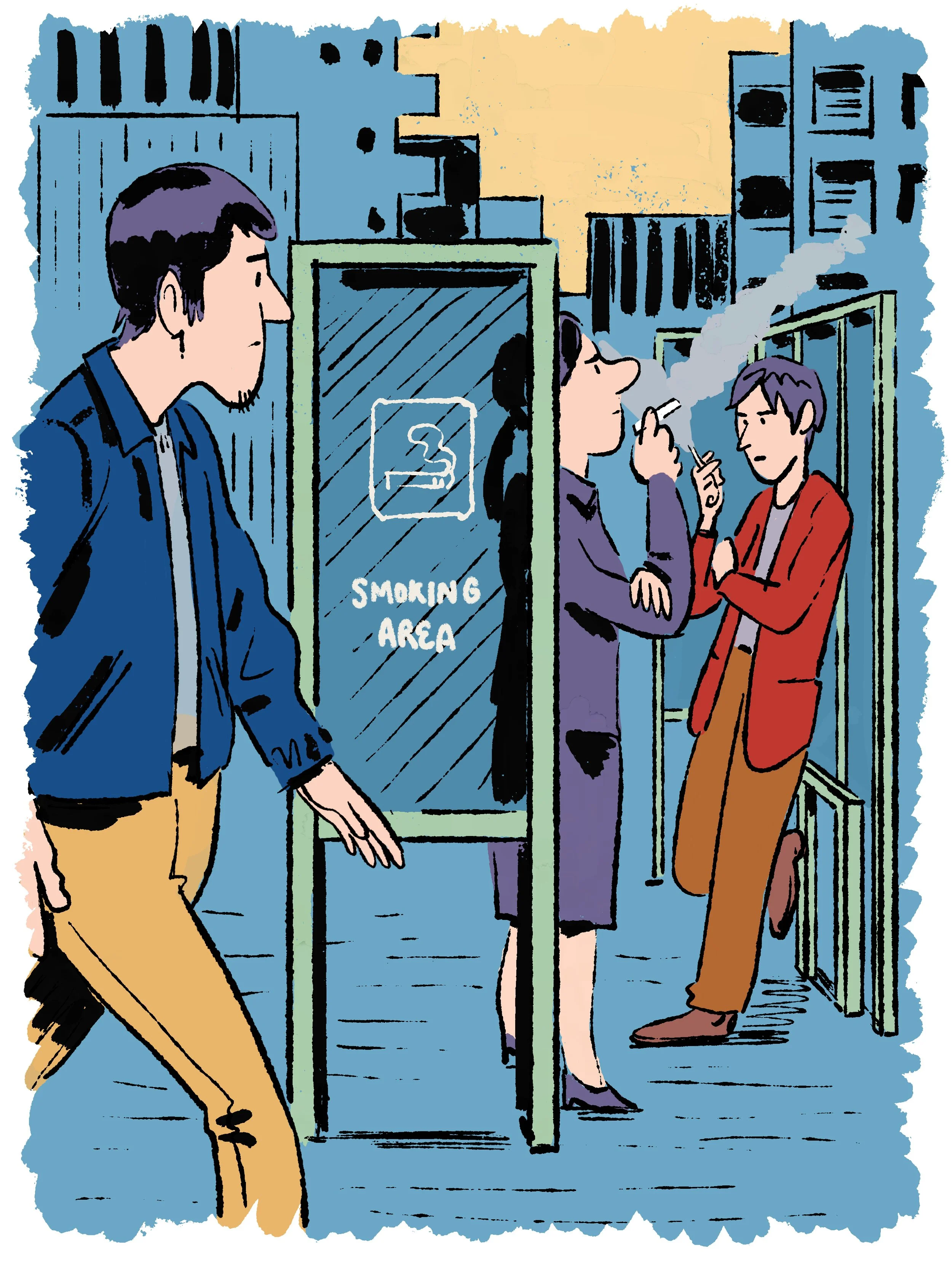 People standing outside a smoking area with a sign that says 'Smoking Area'.