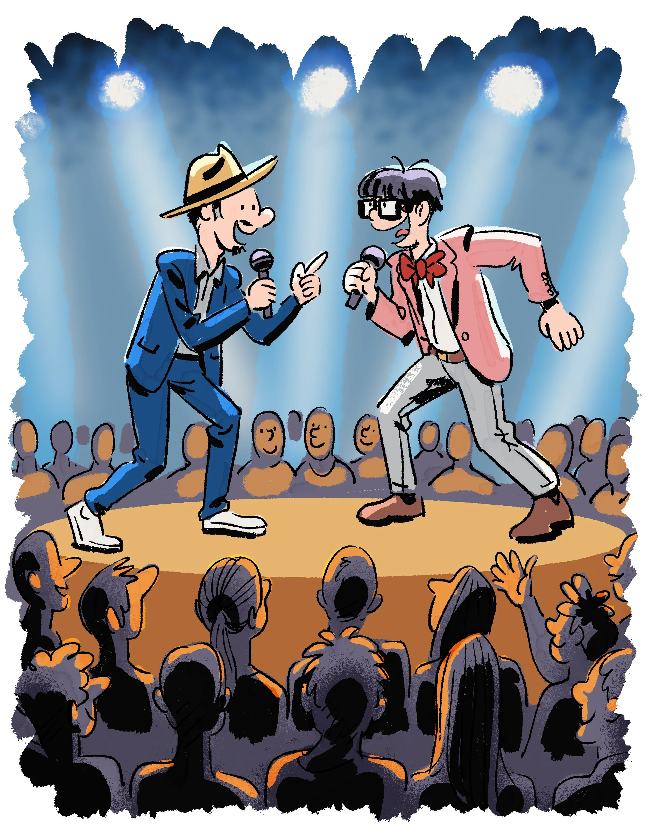 Two men singing into microphones on stage with spotlights shining down, surrounded by cheering audience.