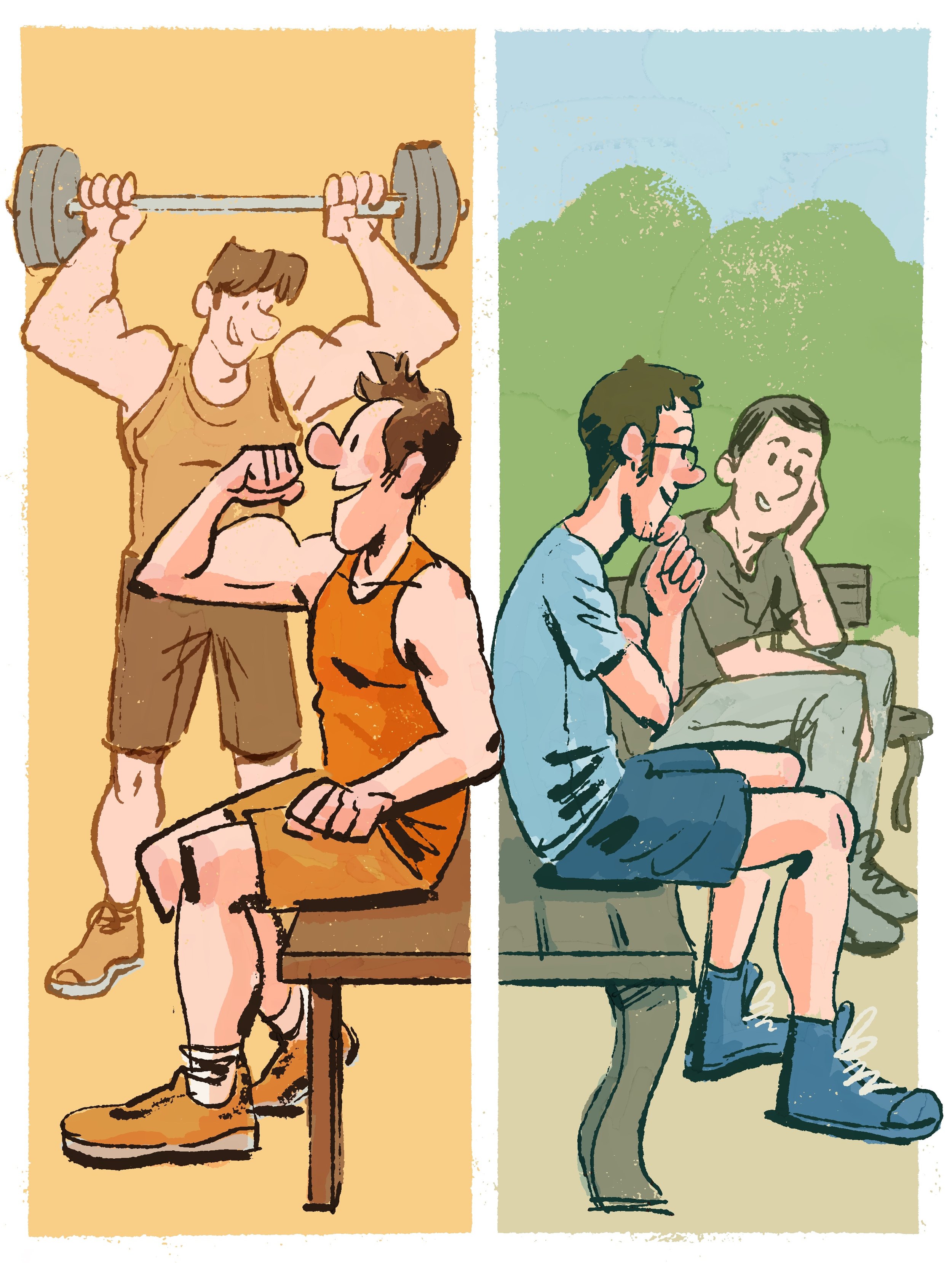 Split illustration showing a muscular man lifting a barbell and flexing his arm in a gym on the left, and two men sitting on a park bench, one wearing glasses and the other with his hand on his cheek, chatting and smiling on the right.