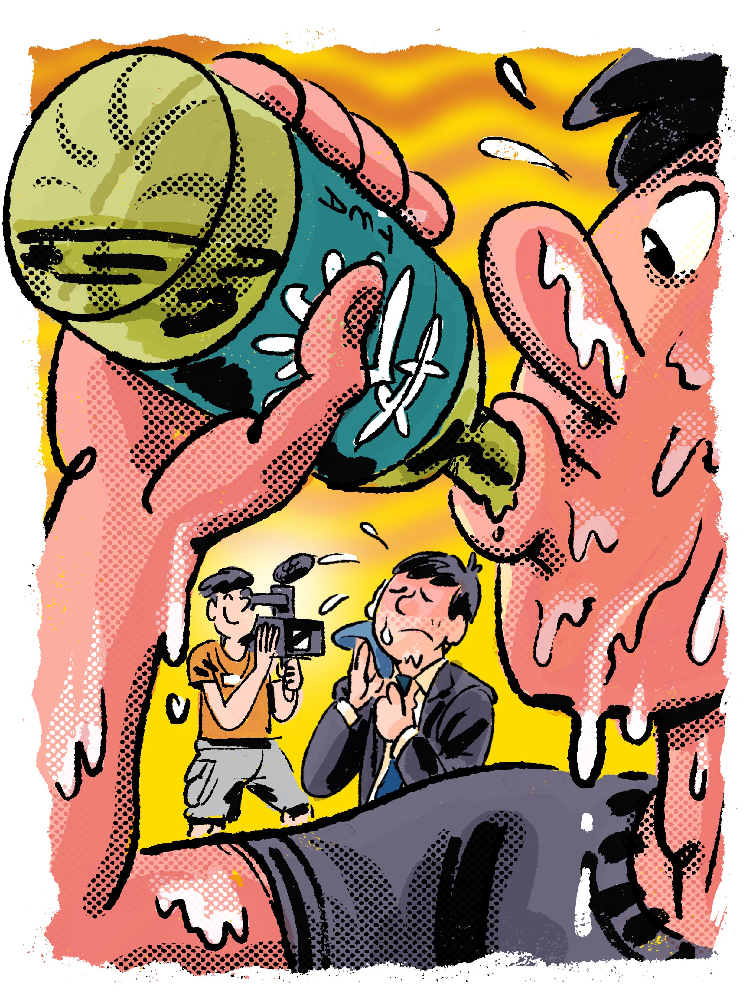 A cartoon-style illustration of a person holding a large can of soda, about to take a sip, with a cameraman filming and a person pretending to be tired or asleep at the bottom, all depicted inside a large pipe or tube.