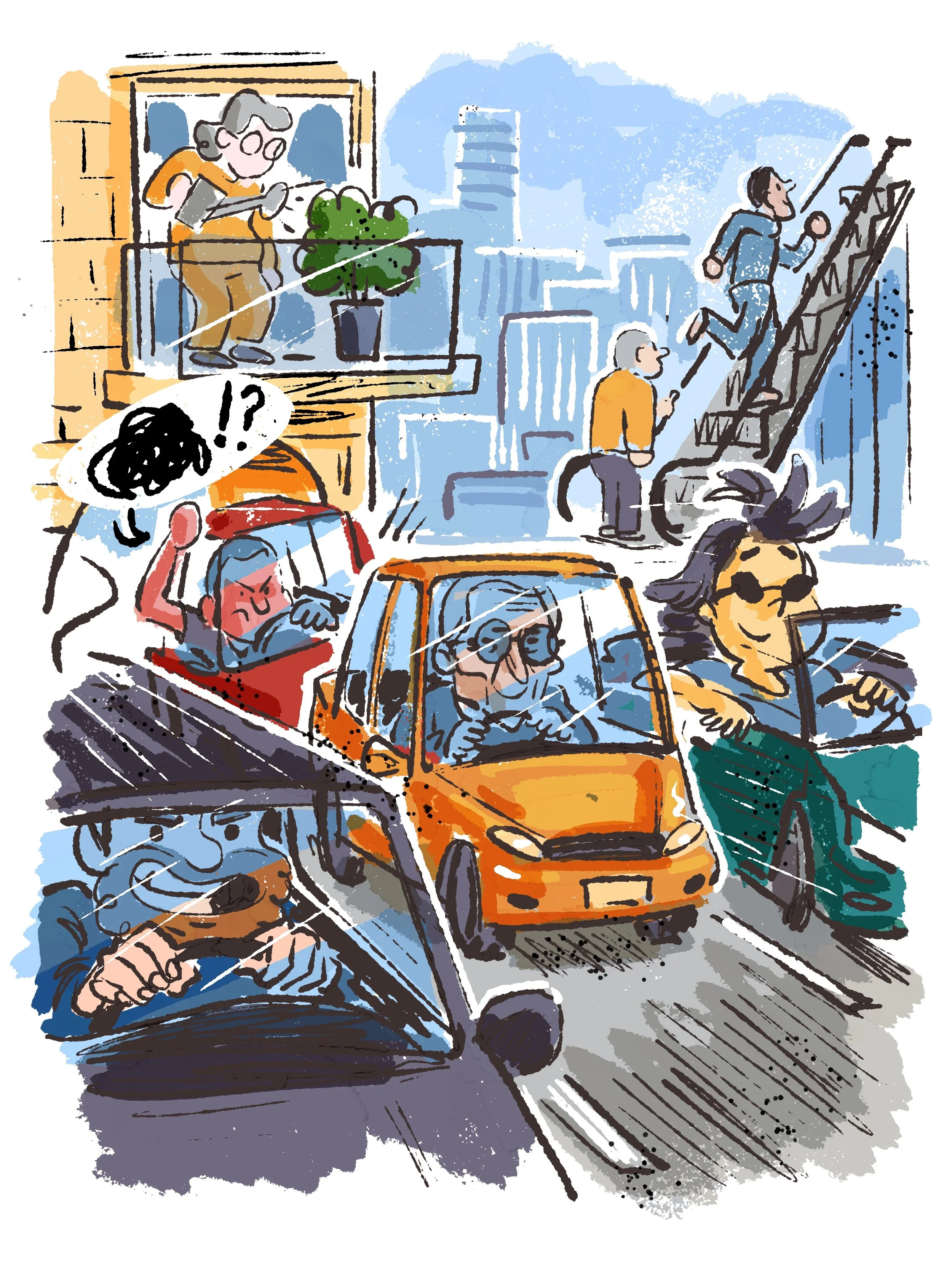 A busy city street with cars, people walking, a woman on a balcony using a tablet, and a person climbing a ladder.