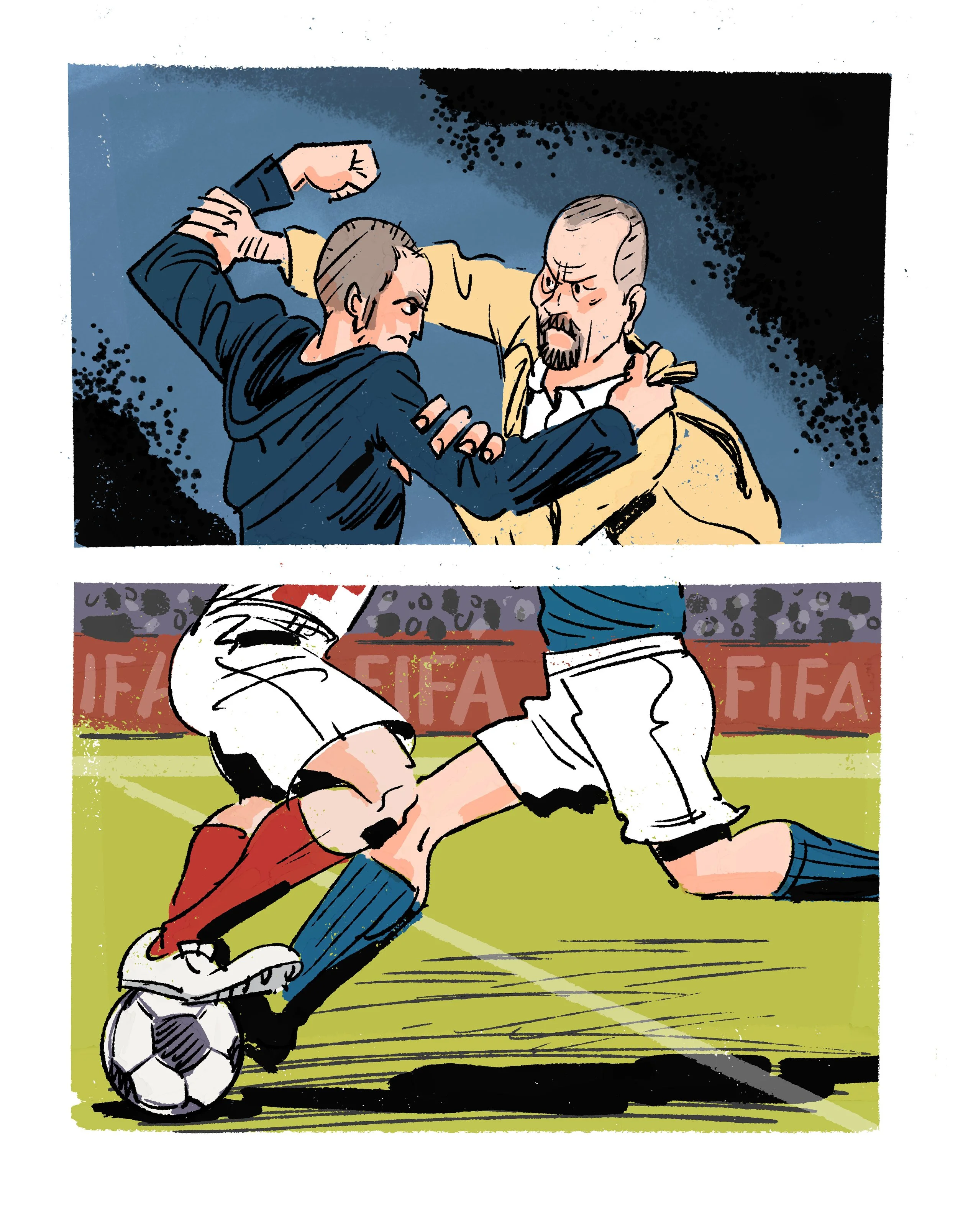 Illustration of two contrasting scenes: the top shows a young man and an older man in a heated confrontation, the bottom depicts two soccer players competing for the ball on the field.