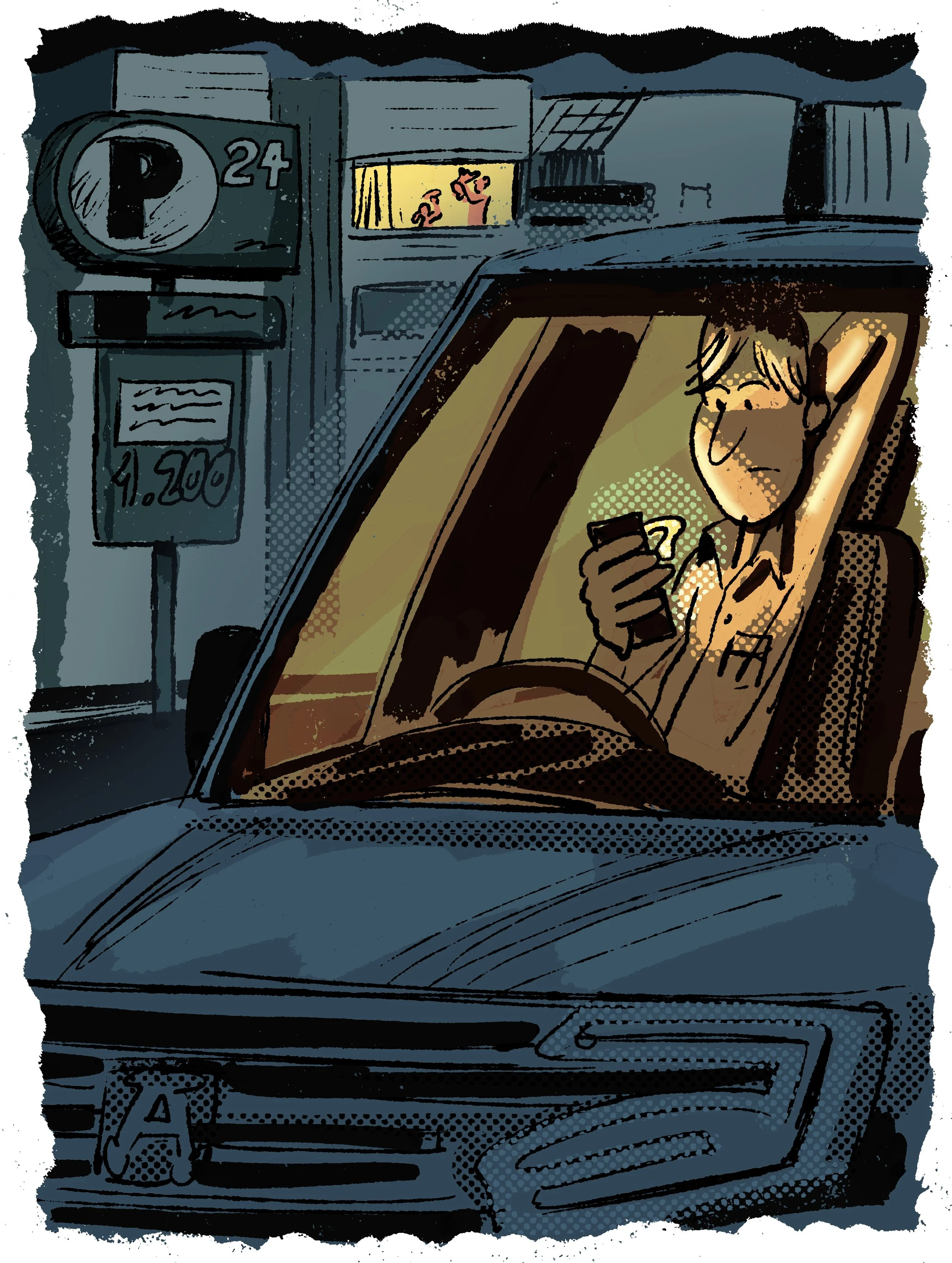 A man sitting in a parked car at night, looking at his phone, with a parking sign and a building with a lit window in the background.