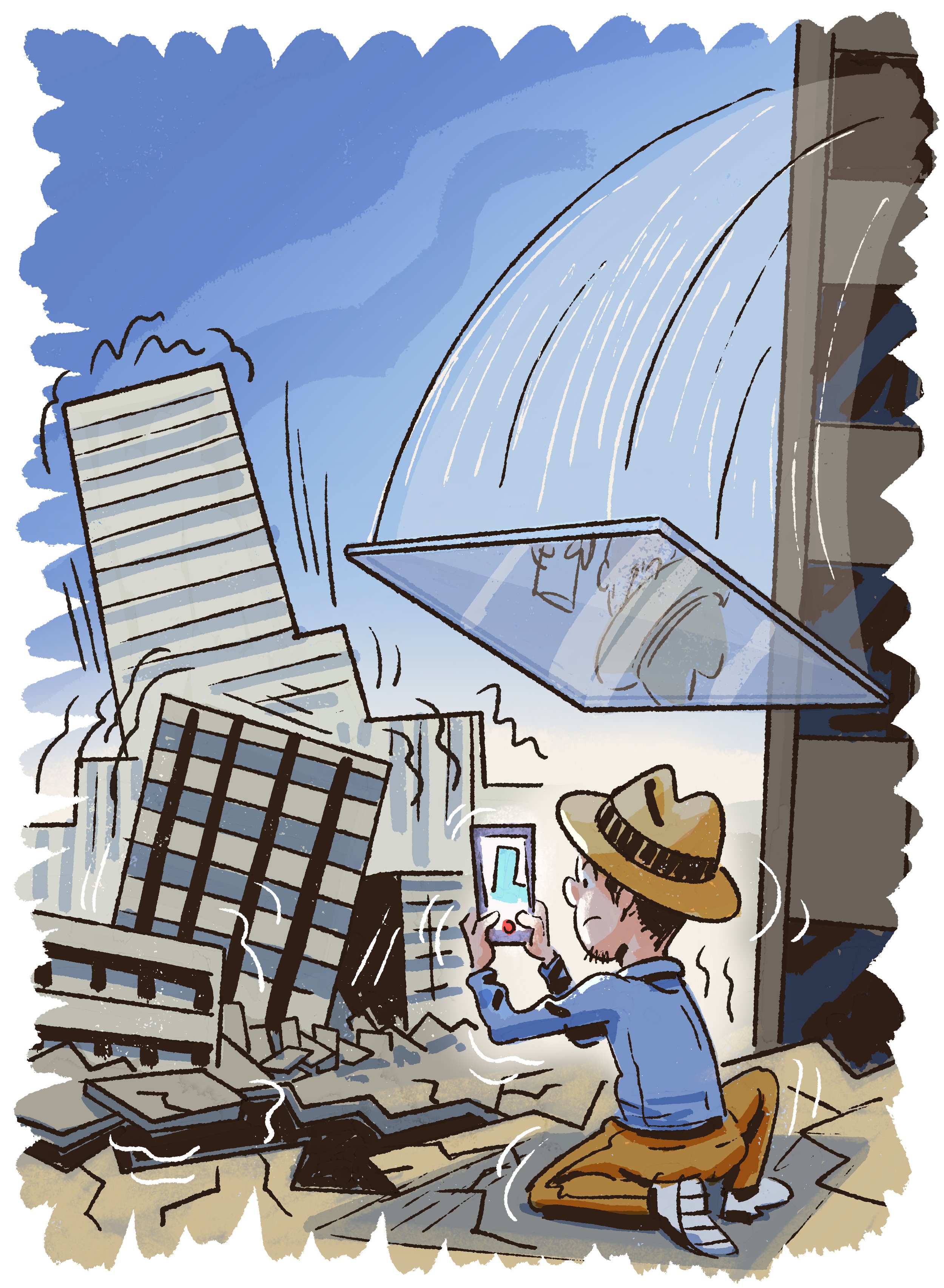 A man sitting on the ground in front of a collapsing building during a storm, taking a photo with his phone, while rain and damage occur to the buildings.