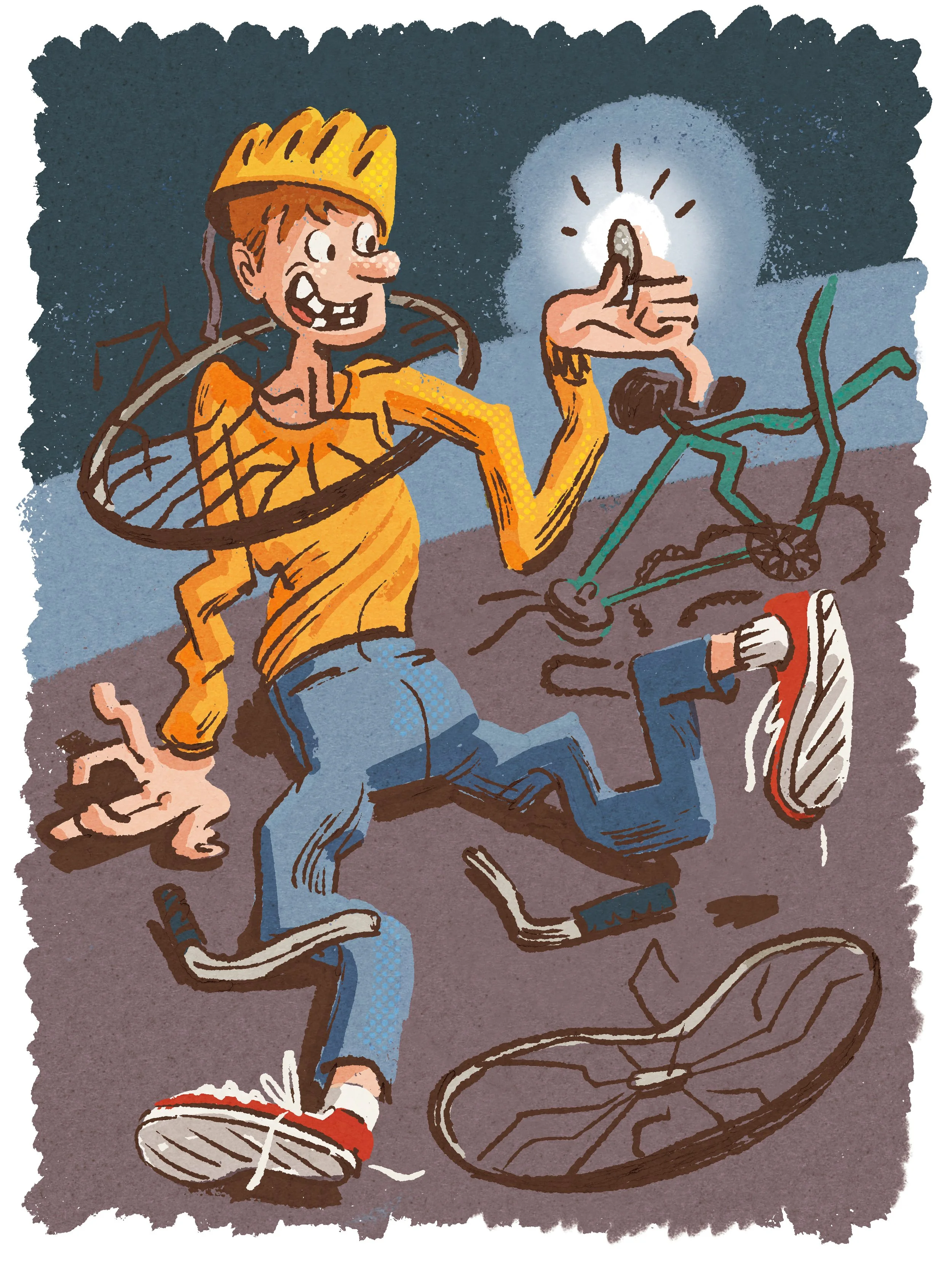 A cartoon of a young man falling off a bicycle during a night ride, with a surprised and worried expression. The unhelmeted boy is dressed in a yellow jacket and blue jeans, and the bicycle is laying on the ground with the front wheel detached. The b