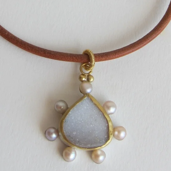 Jewelry Jewellery Druze Agate set in 18kt gold with Pearl surround on Leather thong