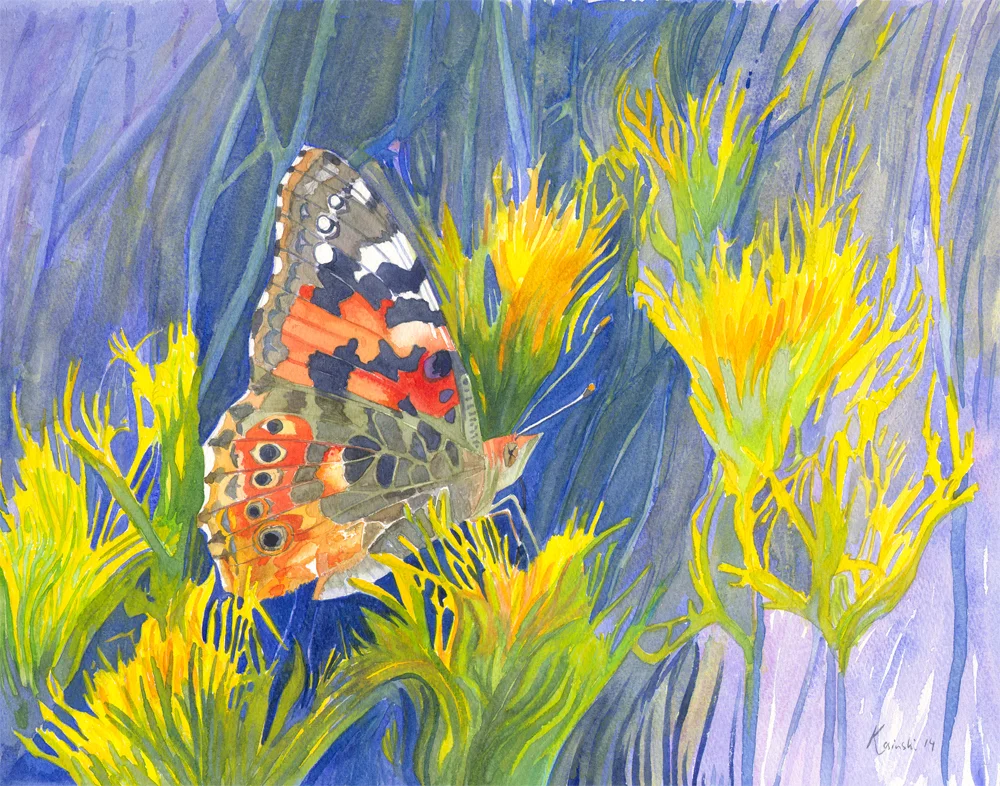 Watercolour Watercolor Original Painting of Painted Lady Butterfly