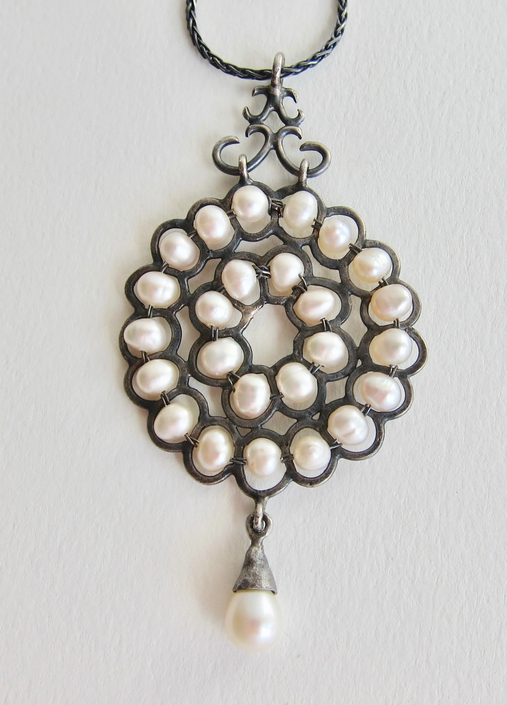 Pearl and oxidised silver pendant 