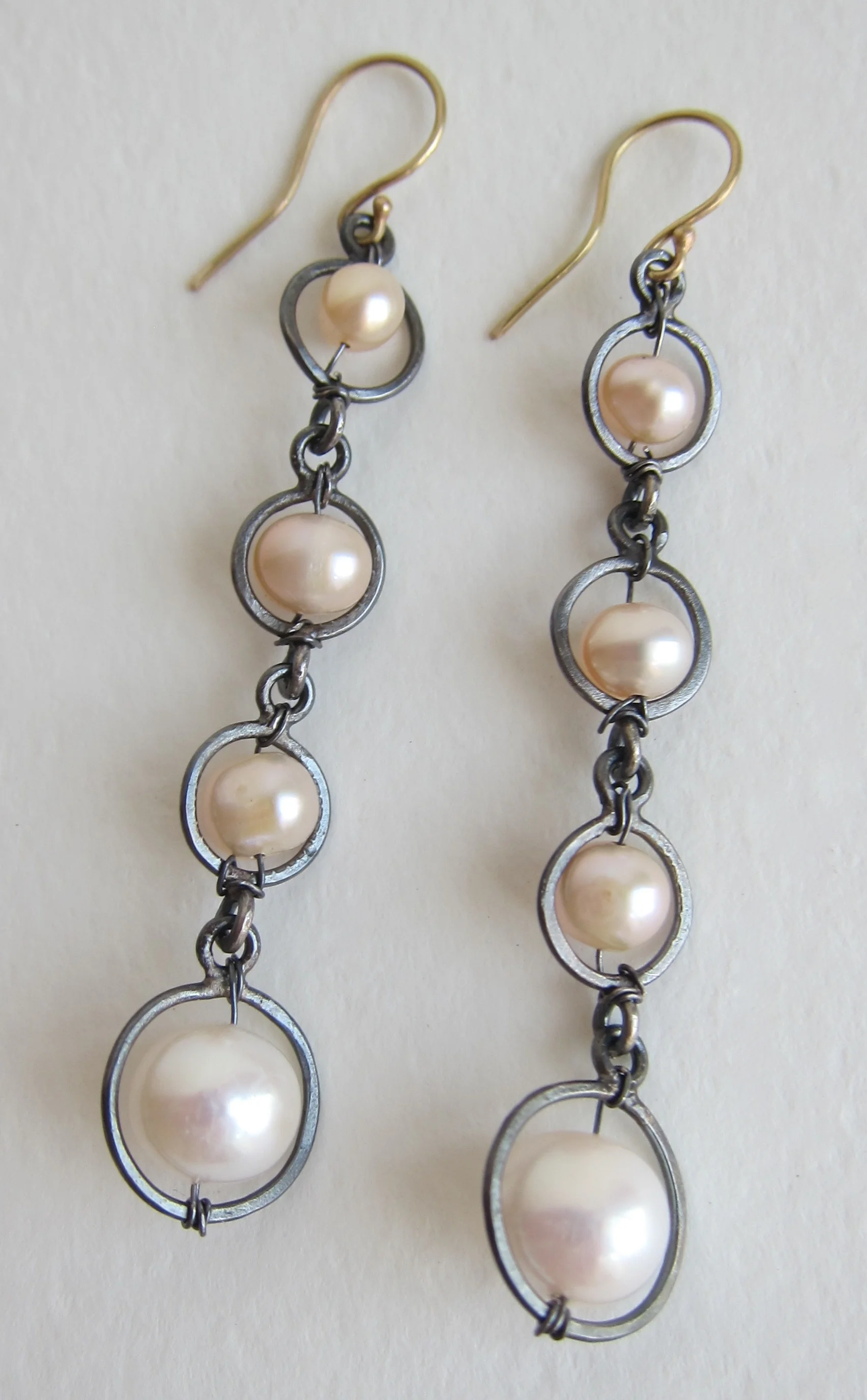 Pearls , oxidized silver and gold post earrings