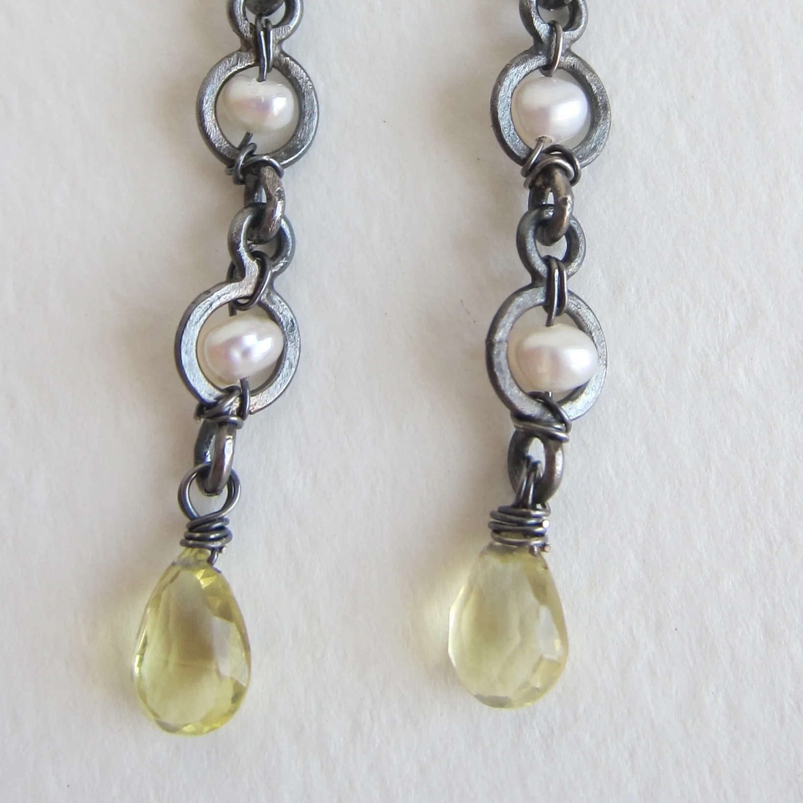 Jewelry Jewellery Long oxidised silver earrings with Pearls, Lemon Quartz drops