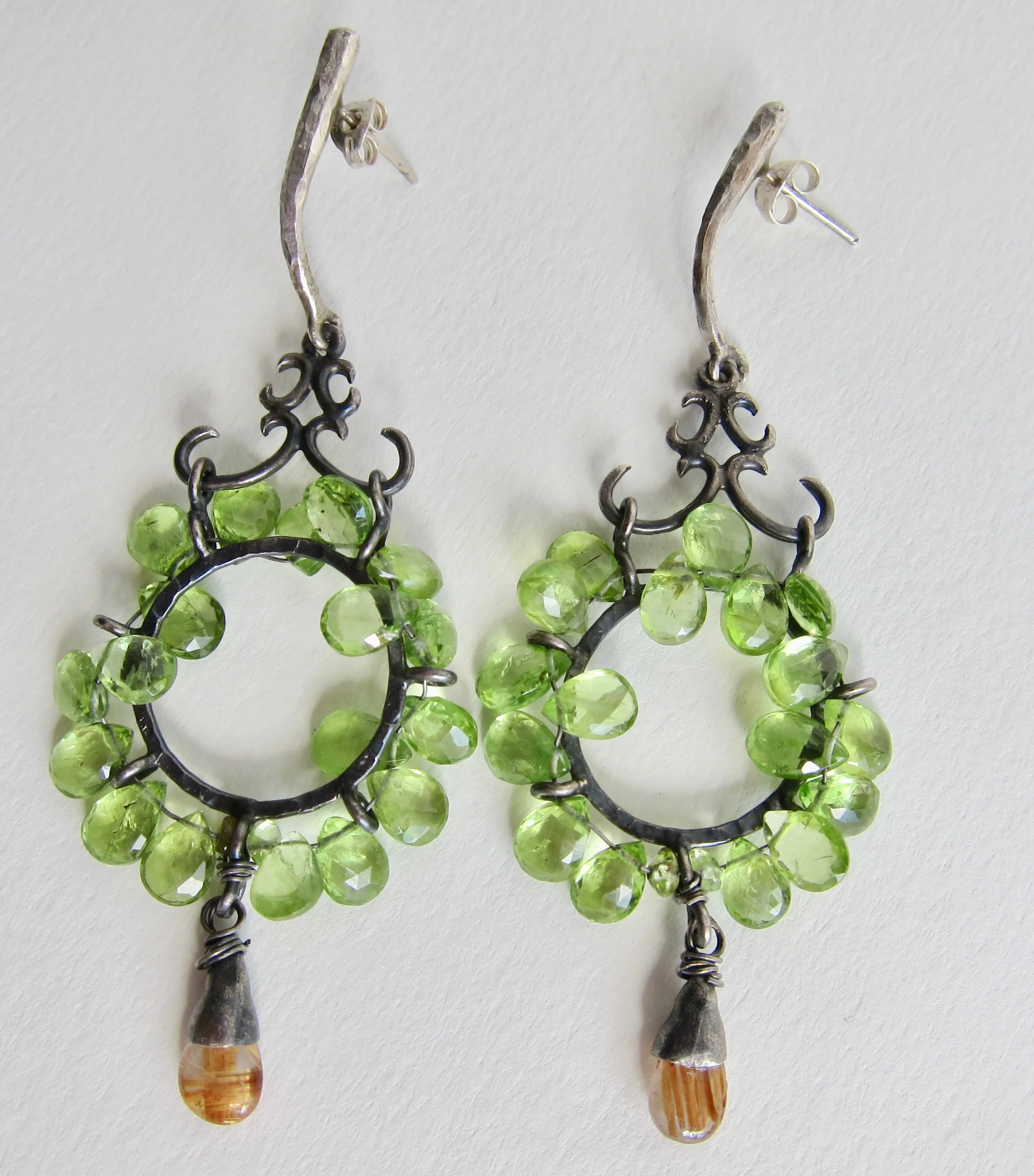 Jewelry Jewellery Peridot earrings, oxidised silver with Rutilated Quartz drop