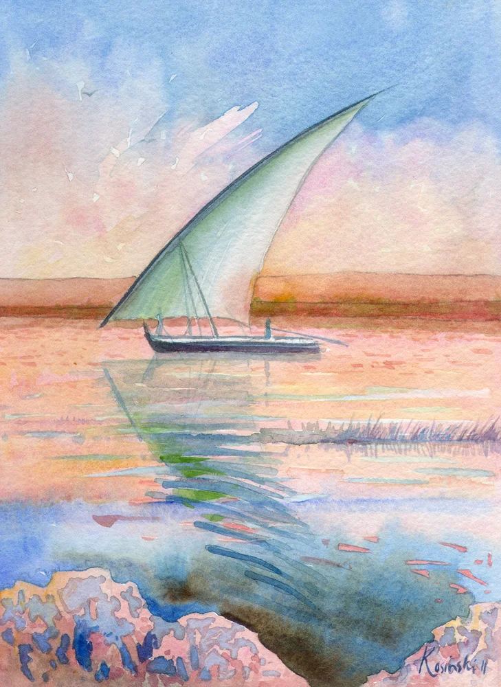 Watercolours Watercolors Original Paintings Felucca on the Nile, Egypt