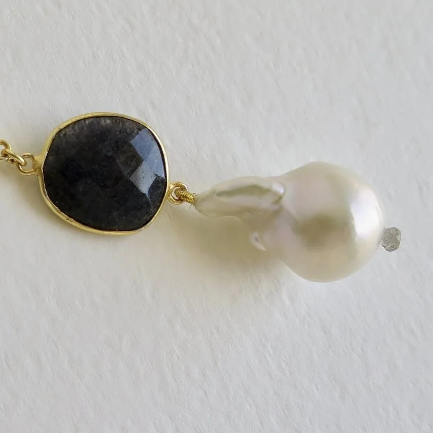 Jewellery Jewelry Grey Sapphire drop pendant with pearl