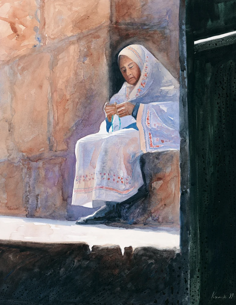 Art Watercolor Watercolours Original Paintings Lady at the Gate, Jerusalem