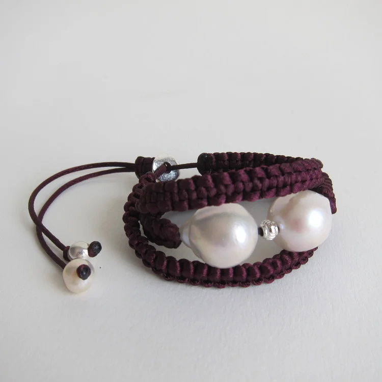 Burgundy satin, Pearl and silver bracelet