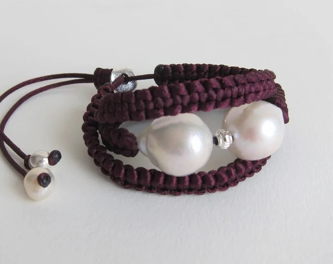 Jewelry Jewellery Burgundy satin, Pearl and silver bracelet