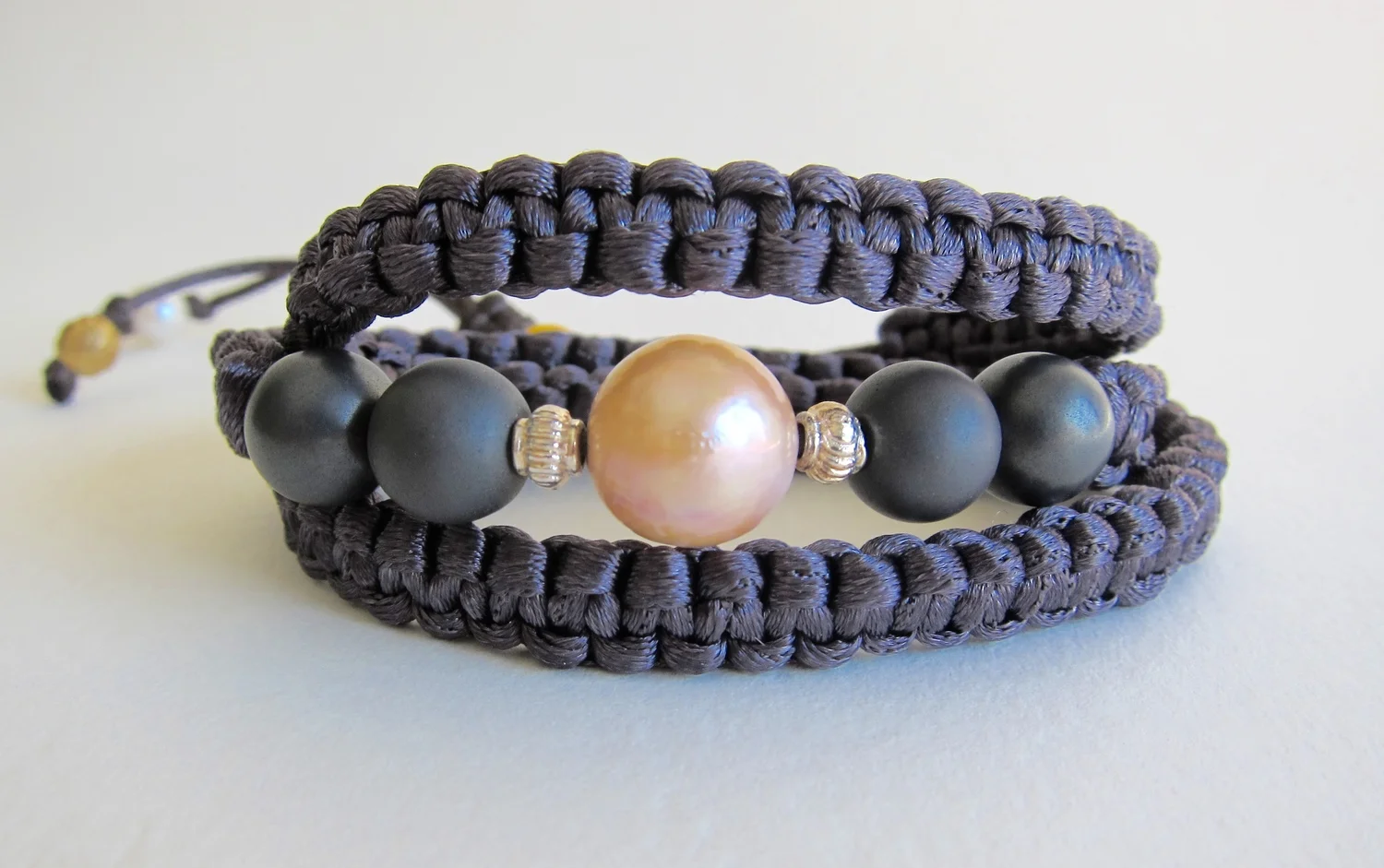 Matt Onyx and Pink pearl satin wrap bracelet