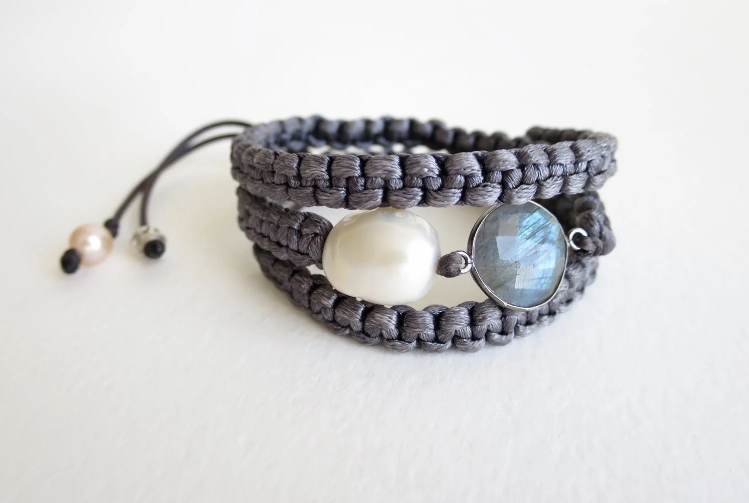 Labradorite and Pearl satin wrap bracelet