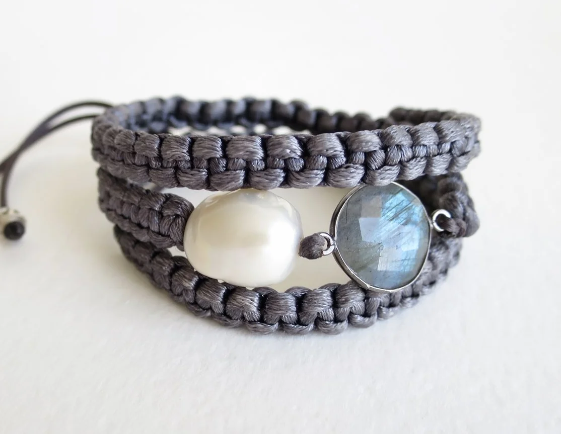 Jewelry Jewellery Labradorite and Pearl satin wrap bracelet