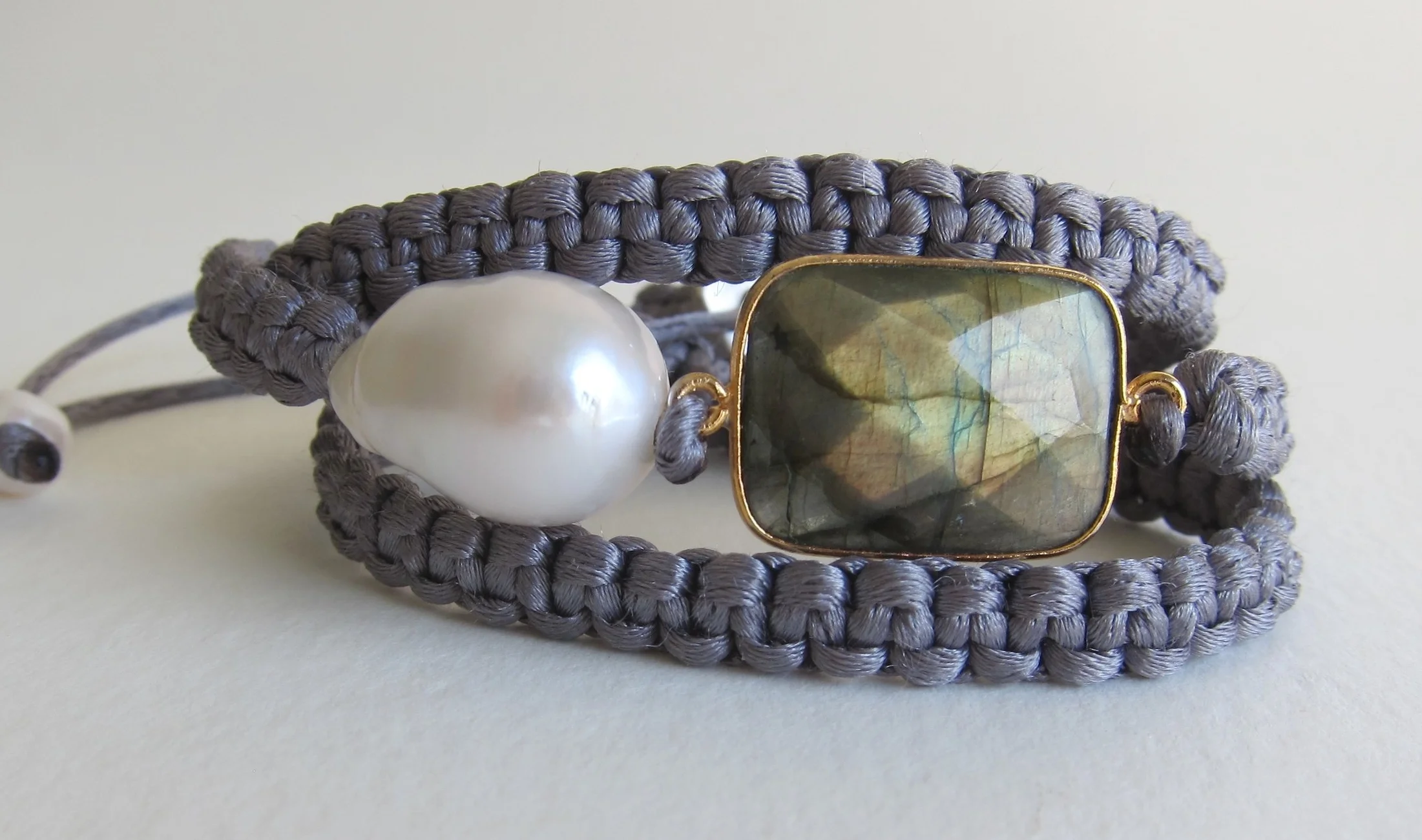 Jewelry Jewellery Satin wrap bracelet with Labradorite and Pearl