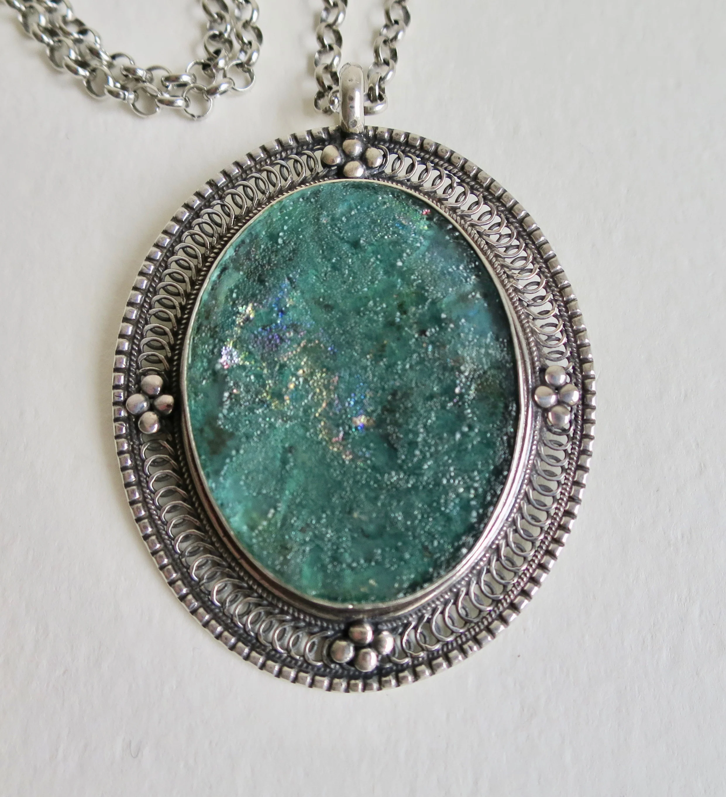 Jewelry Jewellery Pendant with silver filigree surround with Roman Glass