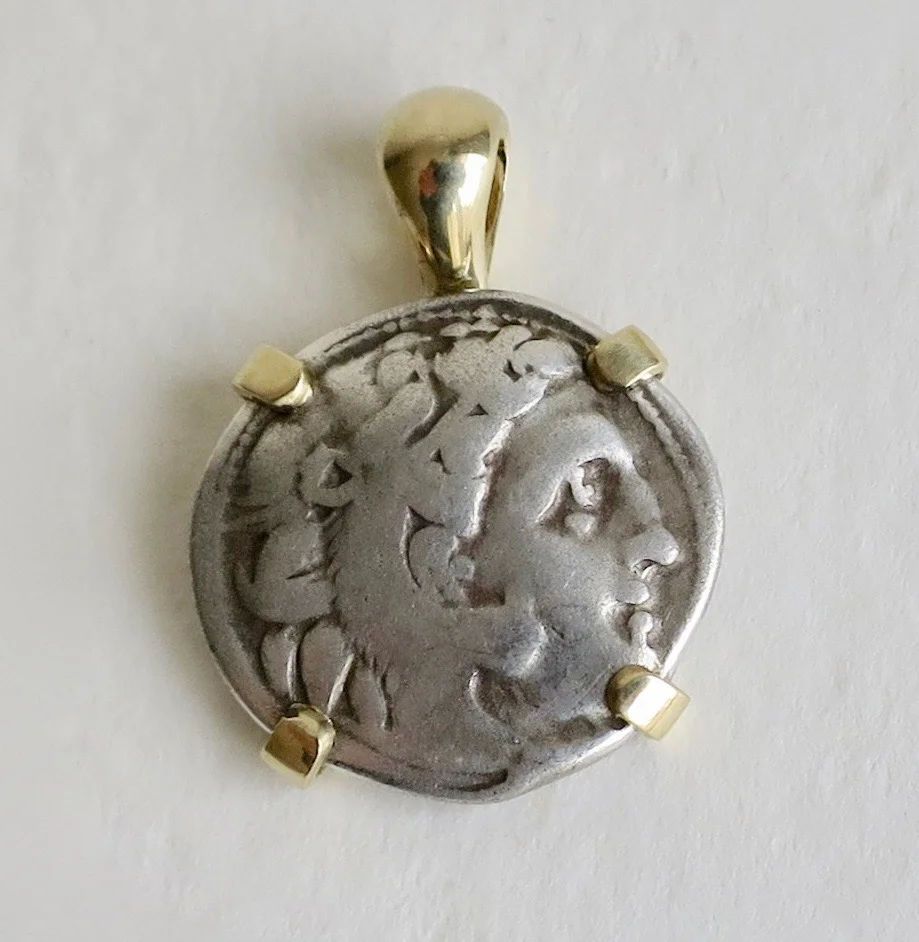 Alexander the Great silver coin set in 14kt gold 