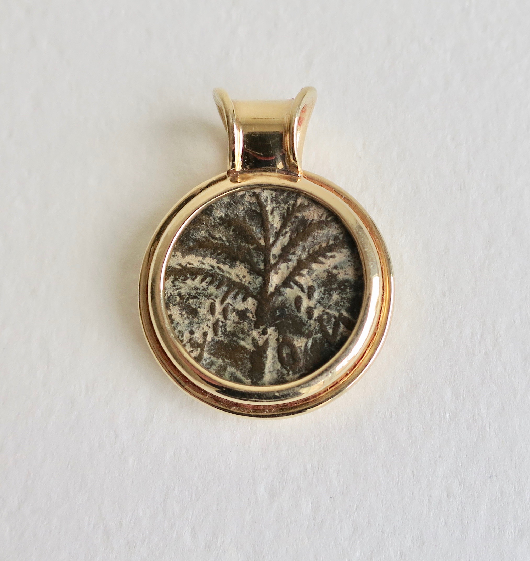 Bar Kokhba bronze coin in 14kt gold pendant