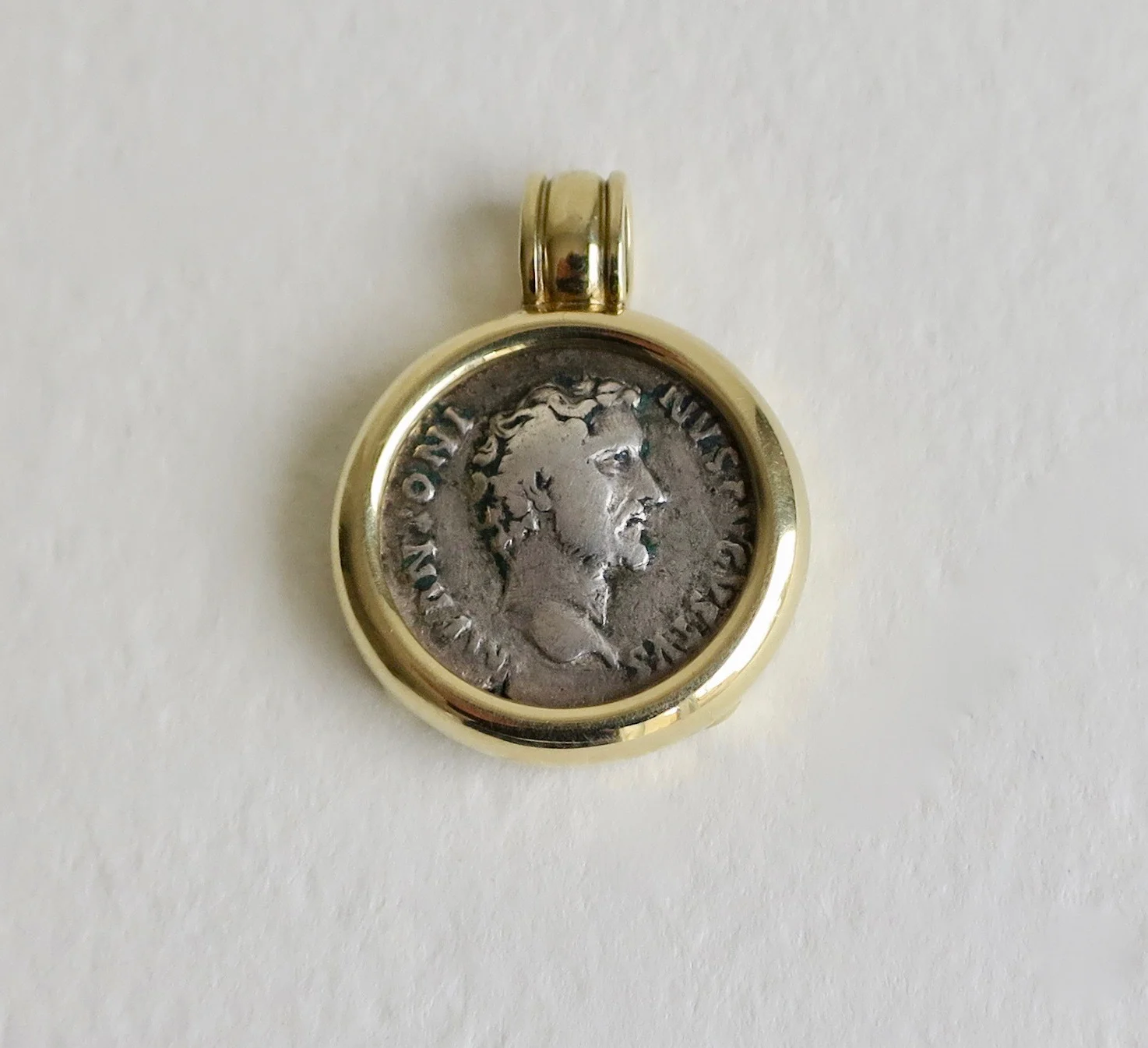 Silver denarius set in 14kt pendant