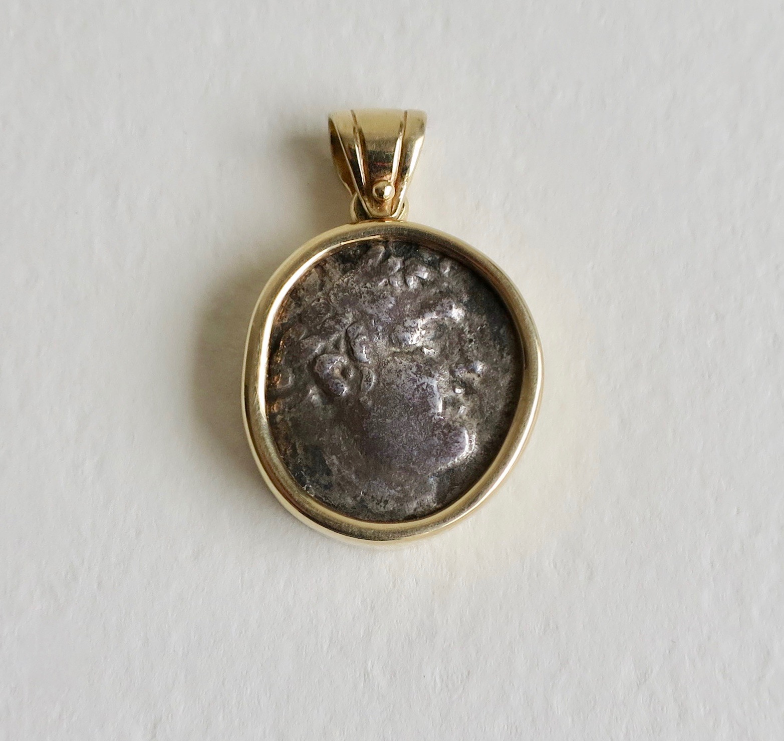 Tyrian shekel coin set in 14kt gold pendant