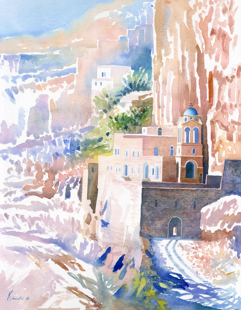 Watercolour Watercolor Artwork Painting St. George's Monastery, Wadi Kelt near Jericho