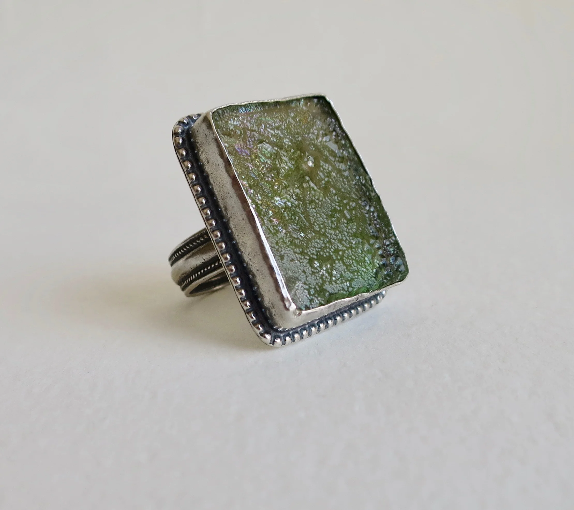 Large Roman Glass silver filigree ring