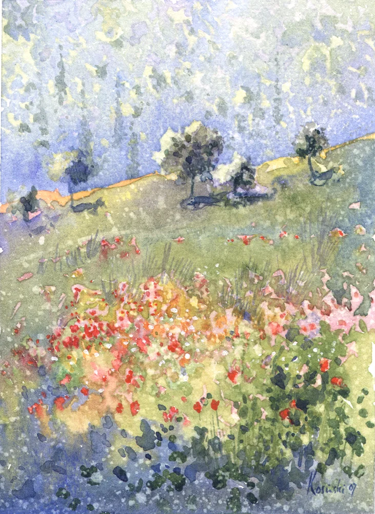 Watercolors Watercolours Original Art Paintings Judean Hill, Springtime, Israel
