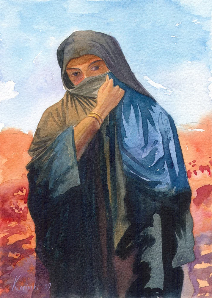 Watercolours Watercolors Original painting Veiled Beduin Lady, Sinai desert