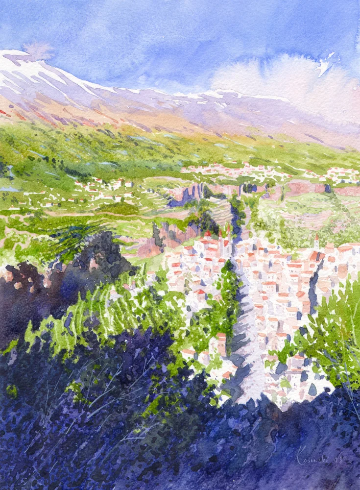 Original Paintings Artwork Watercolours Watercolors  Becharre, Lebanon