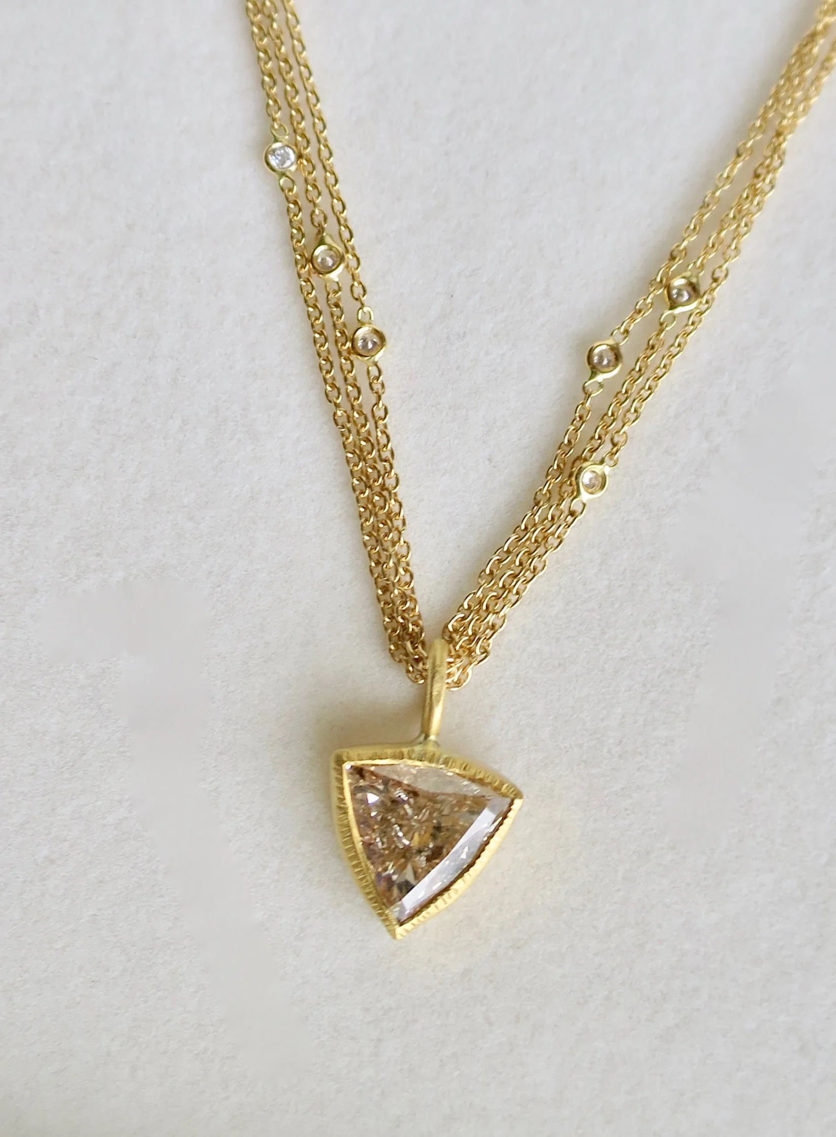 MADE TO ORDER : Trilliard diamond pendant on triple gold chains with diamonds