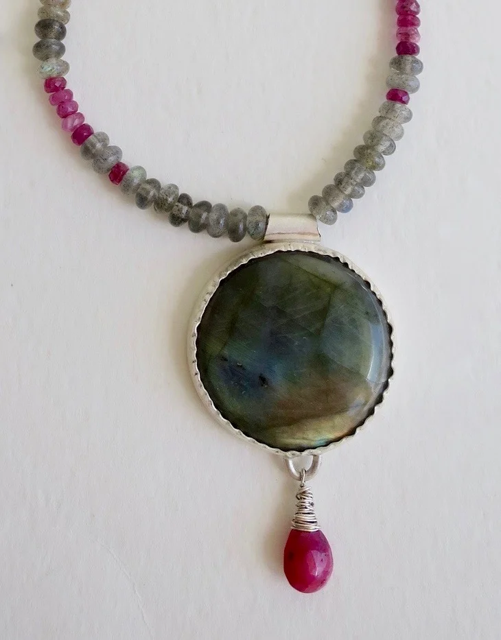 Labradorite, Spinel, Silver and Ruby drop necklace