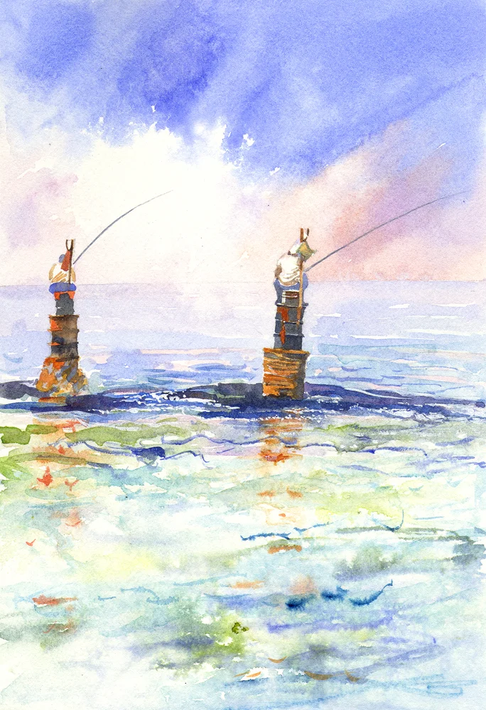 Watercolours Watercolors Original Paintings Middle East Fisherman, Beirut, Lebanon