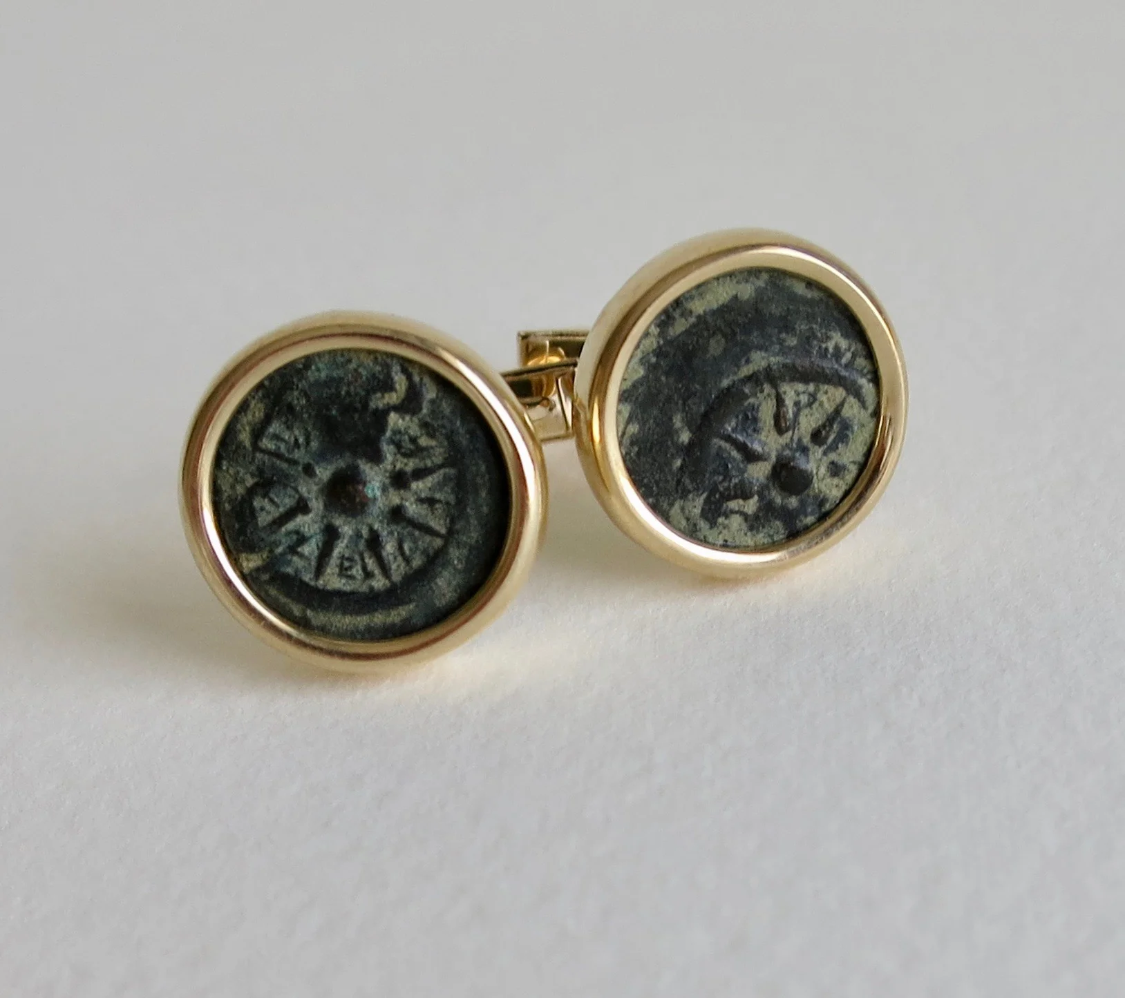 Widow's mite bronze coin 14ct gold cufflinks