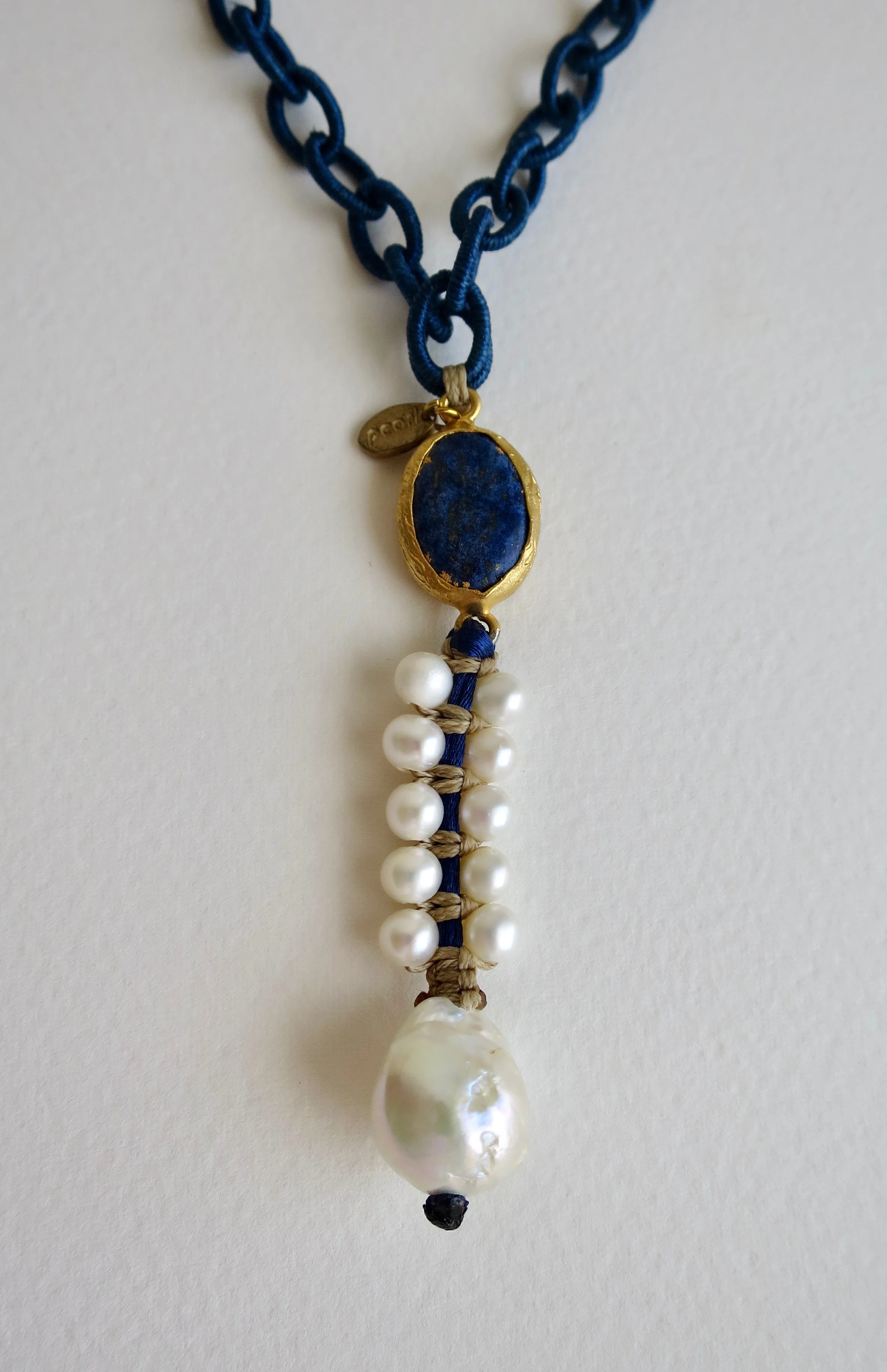 Blue satin links neckpiece with Lapis and Pearl