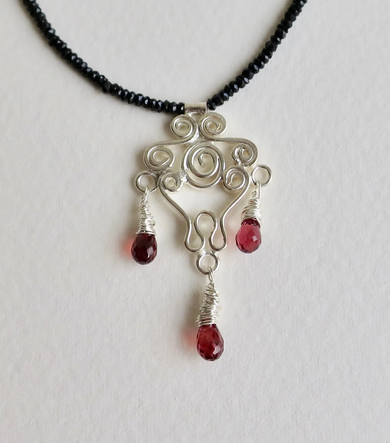Black Spinel fine necklace with handmade silver drop