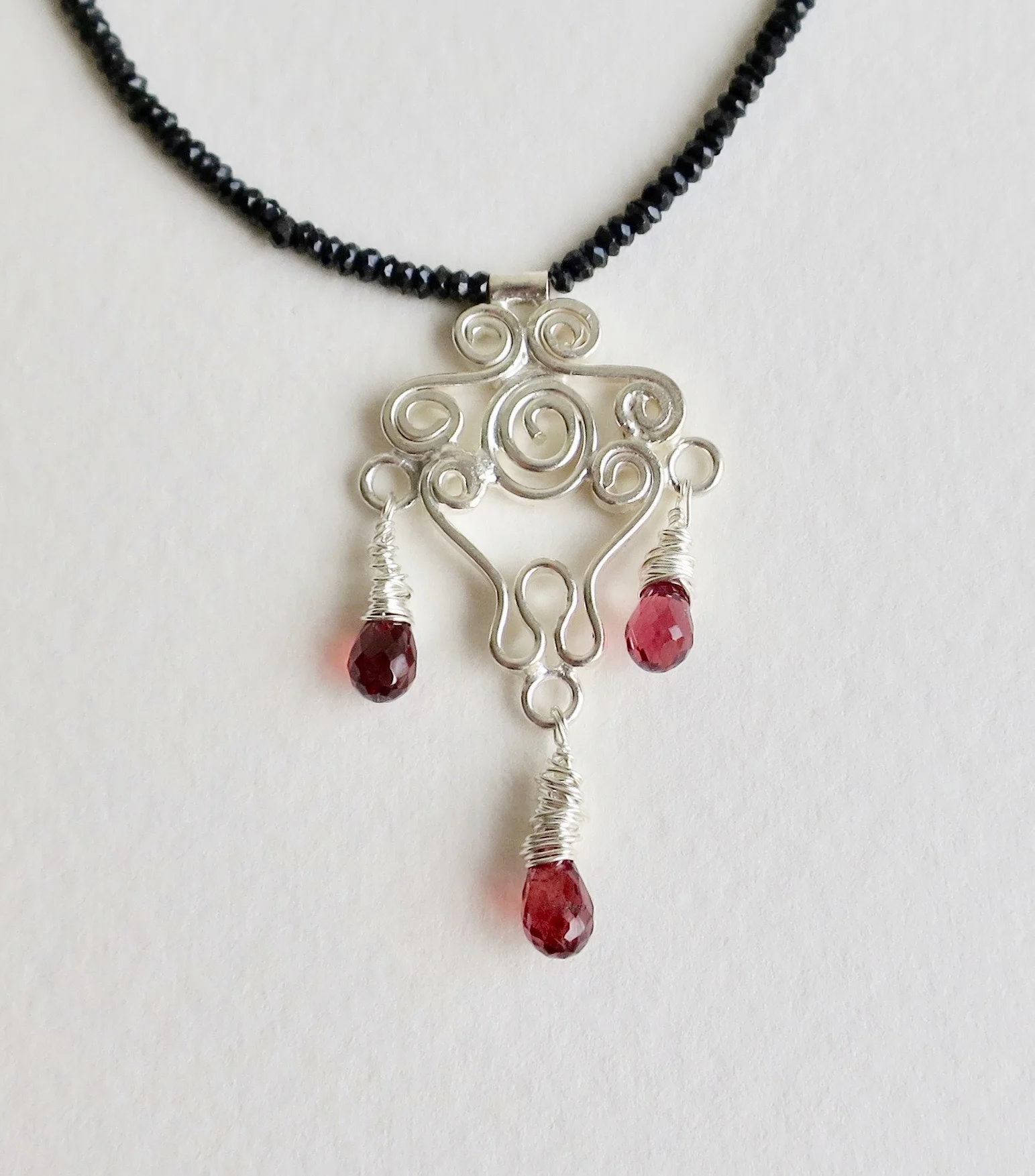 Jewelry Jewellery Black Spinel fine necklace with handmade silver drop and garnets